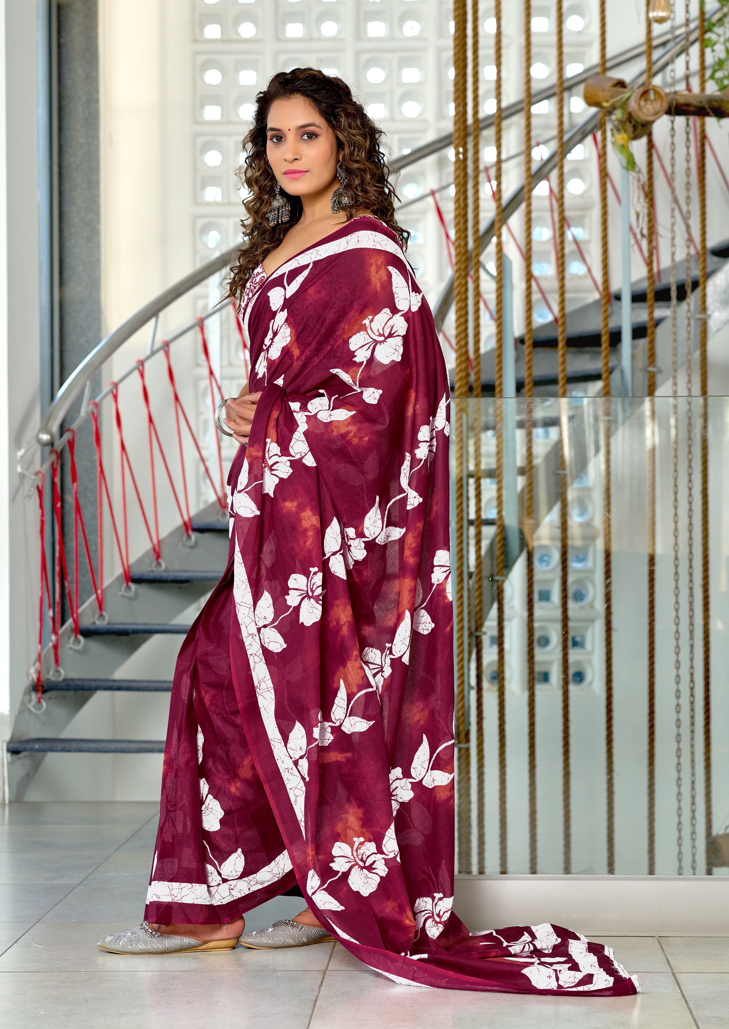 PETAL PARADISE FLORAL HAND PRINT MULMUL COTTON MAROON SAREE