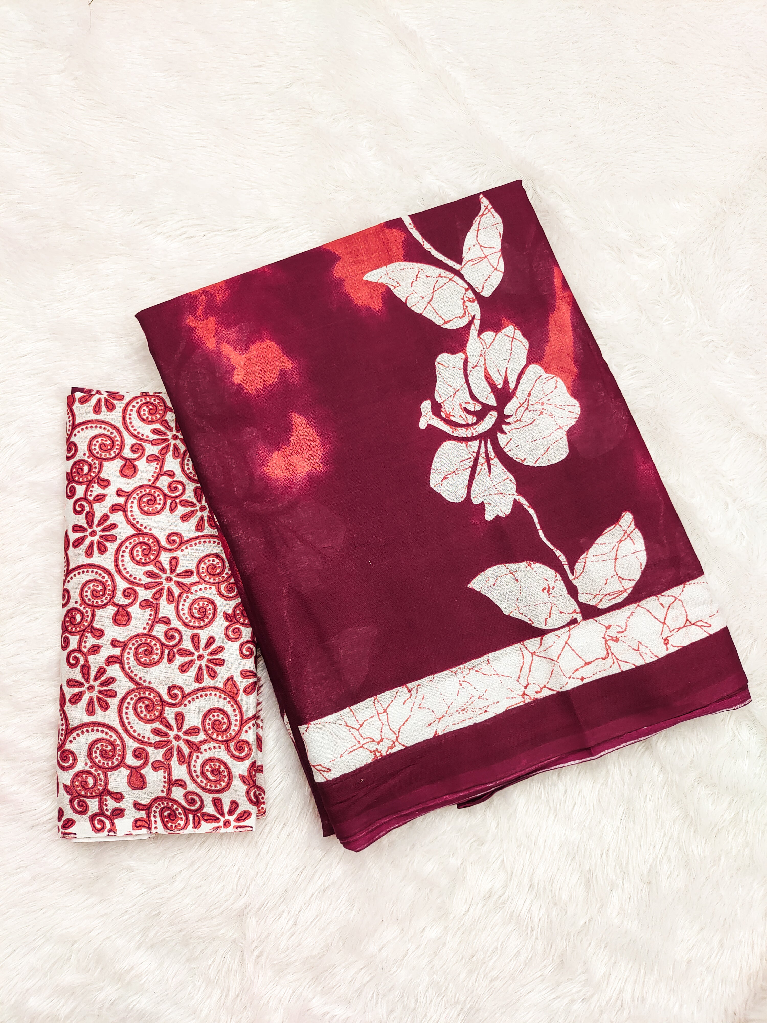 PETAL PARADISE FLORAL HAND PRINT MULMUL COTTON MAROON SAREE
