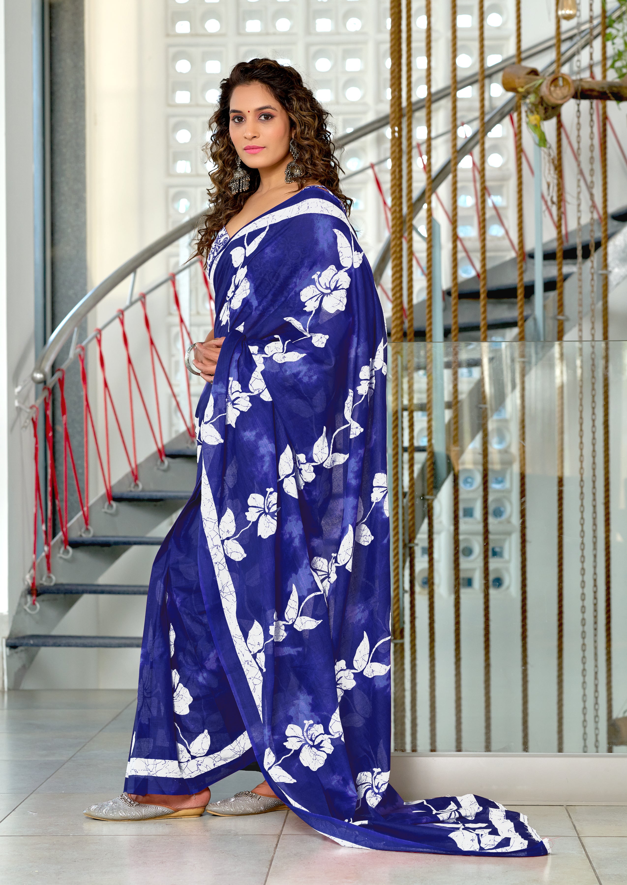 PETAL PARADISE FLORAL HAND PRINT MULMUL COTTON NEVY BLUE SAREE
