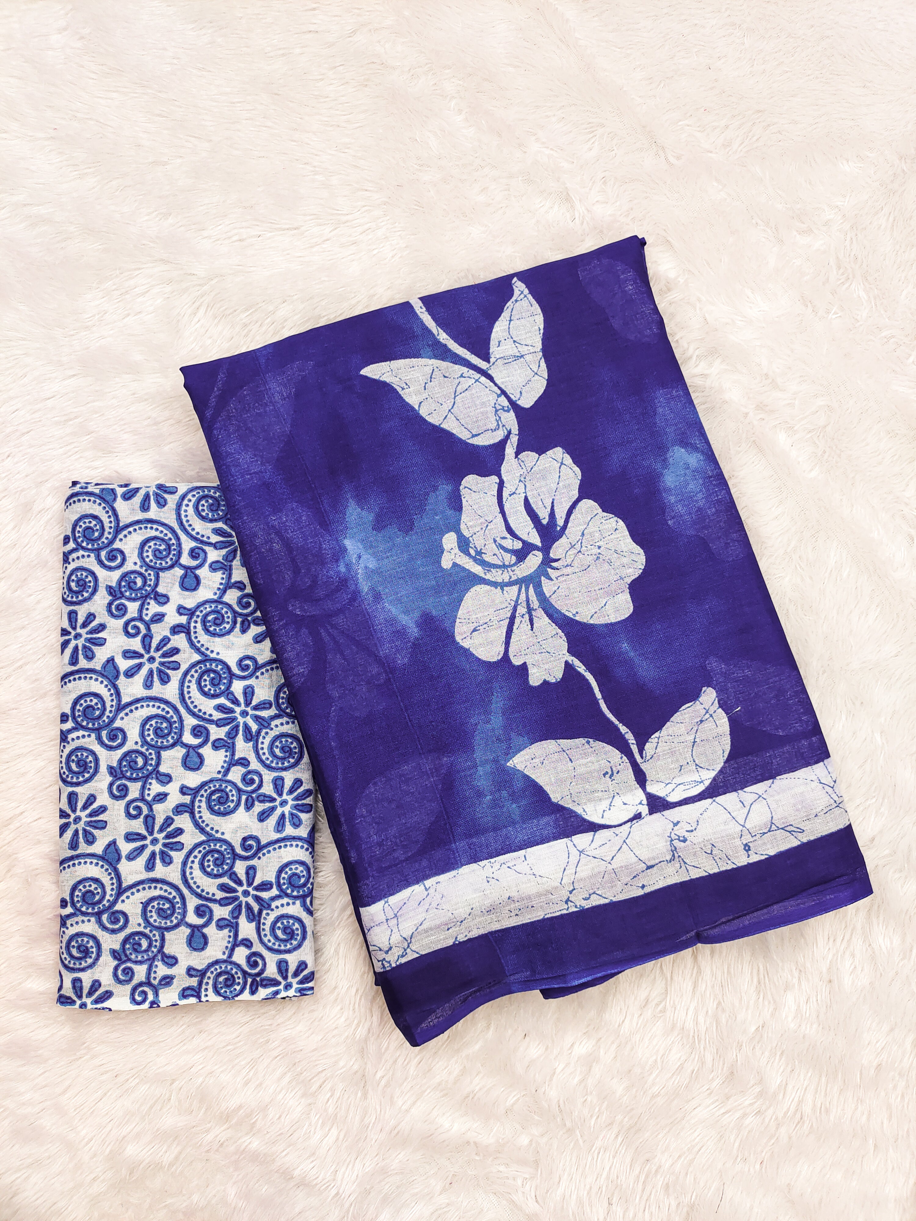 PETAL PARADISE FLORAL HAND PRINT MULMUL COTTON NEVY BLUE SAREE