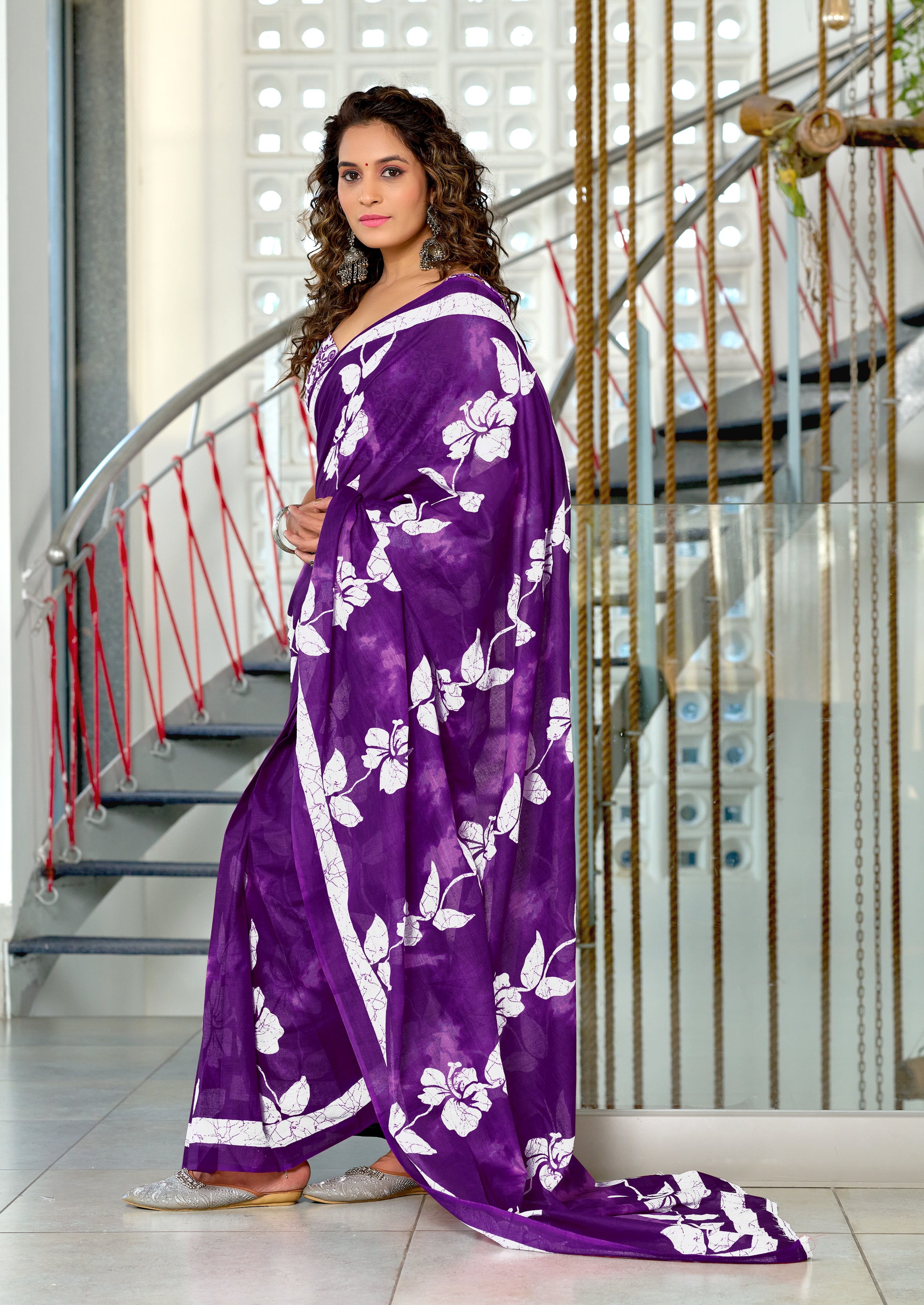 PETAL PARADISE FLORAL HAND PRINT MULMUL COTTON PURPLE SAREE
