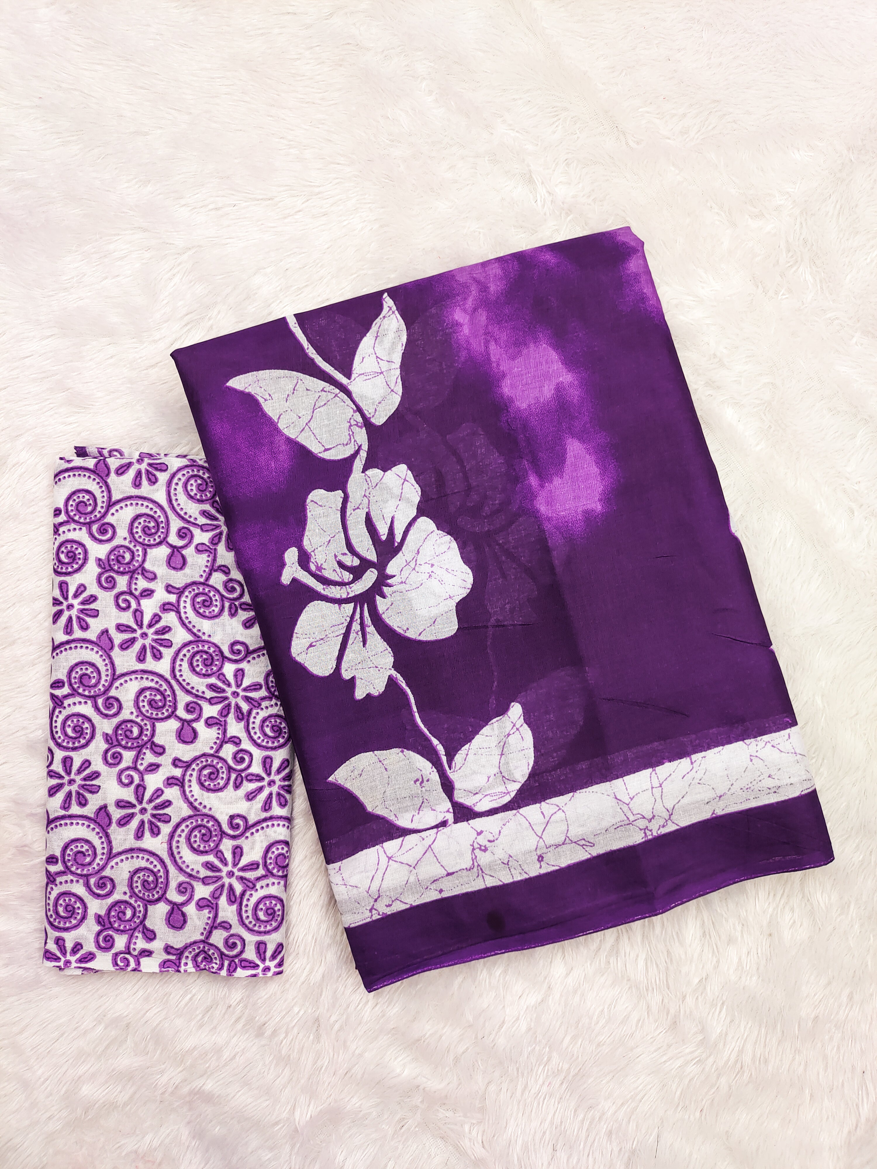 PETAL PARADISE FLORAL HAND PRINT MULMUL COTTON PURPLE SAREE
