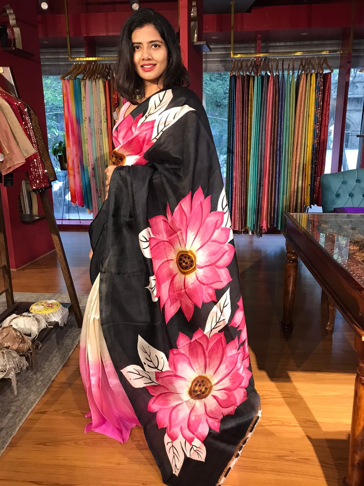 PINK SUNFLOWER SOFT MULMUL COTTON HAND BLOCK PRINT COTTON BLACK PINK SAREE