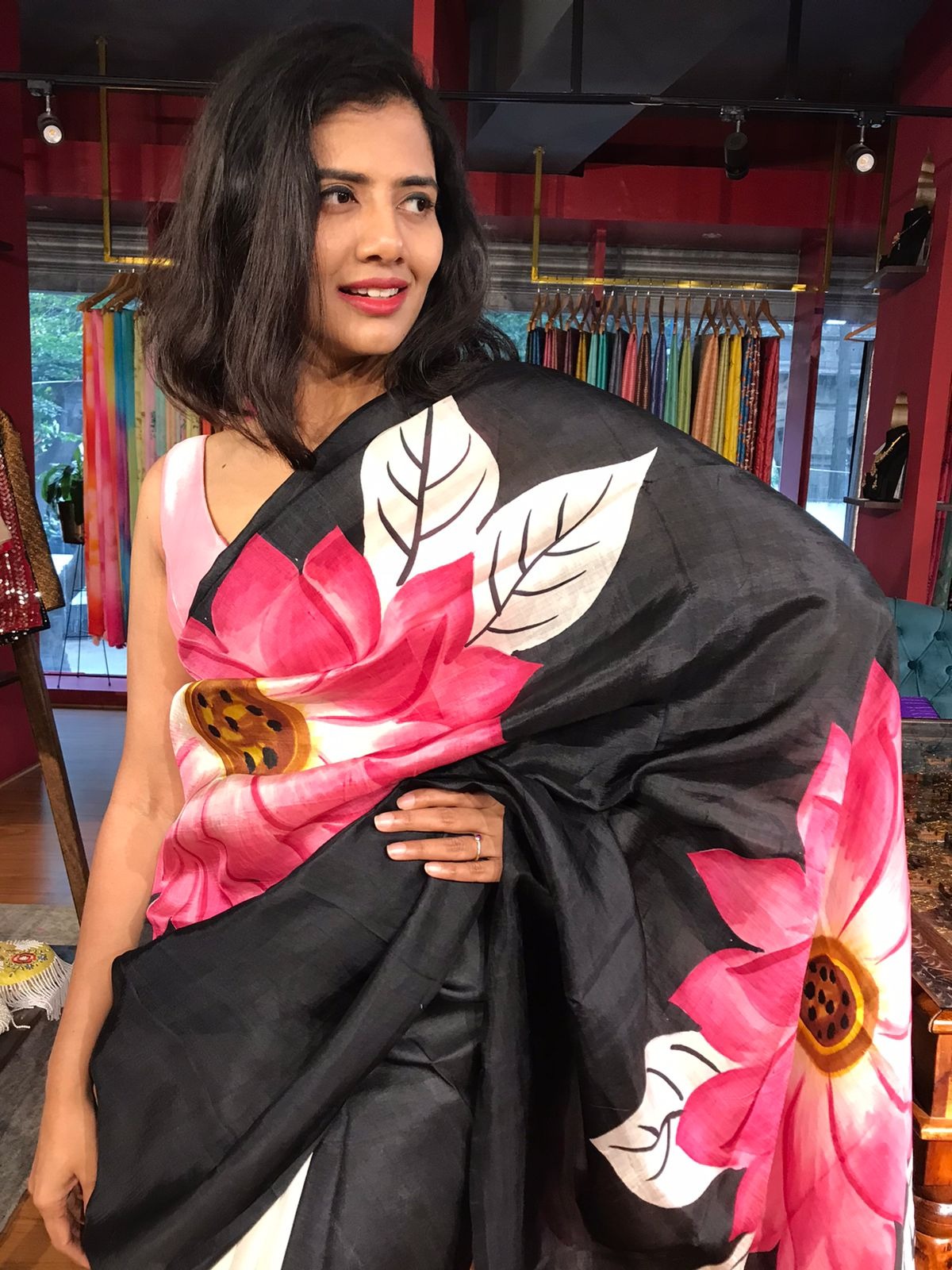 PINK SUNFLOWER SOFT MULMUL COTTON HAND BLOCK PRINT COTTON BLACK PINK SAREE