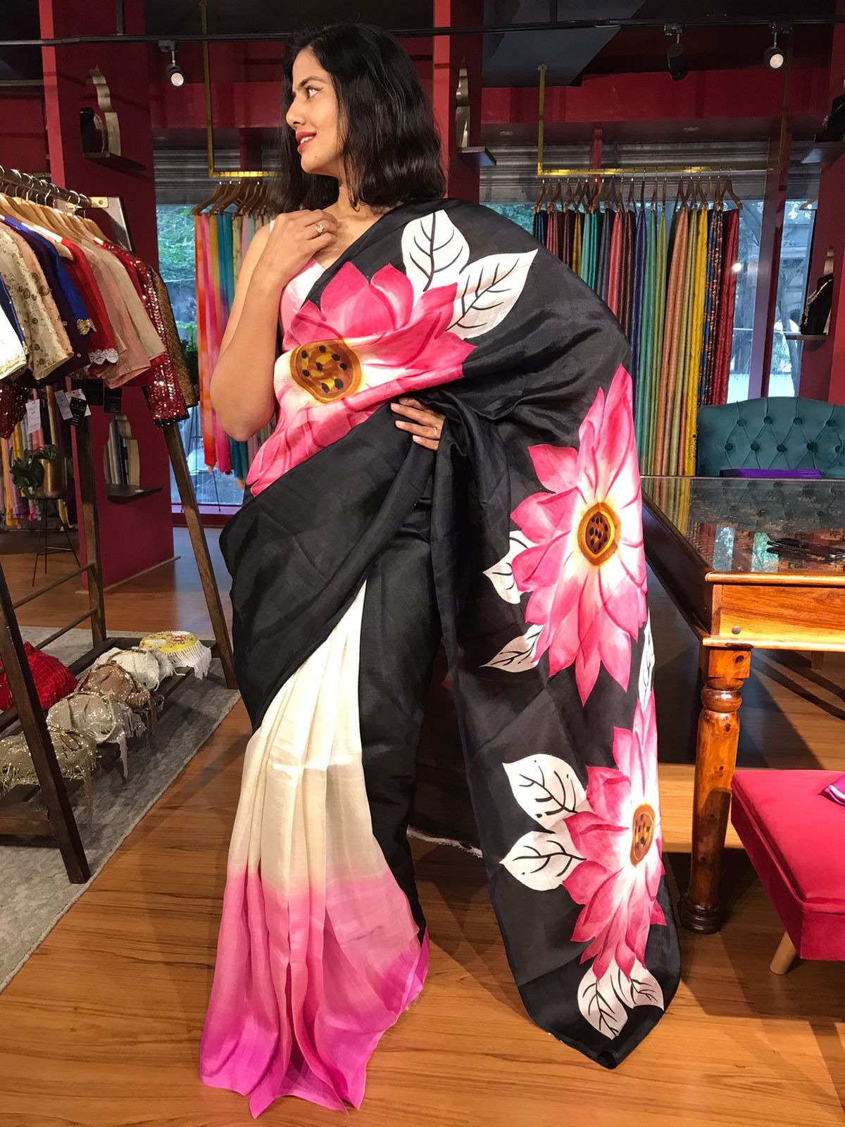 PINK SUNFLOWER SOFT MULMUL COTTON HAND BLOCK PRINT COTTON BLACK PINK SAREE