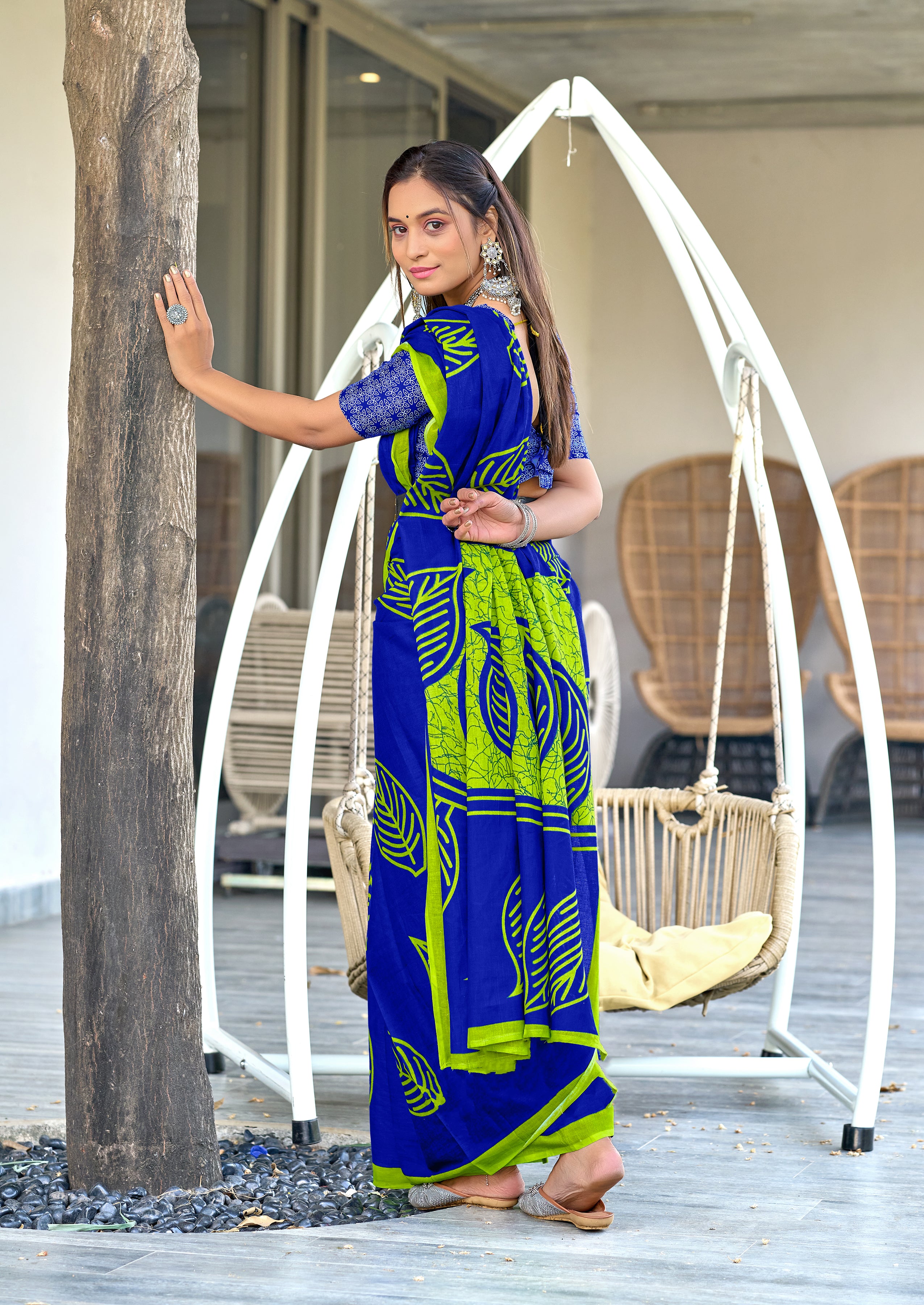 PRANAVI PURE MULMUL MORDAN HAND BLOCK PRINTD BLUE SAREE