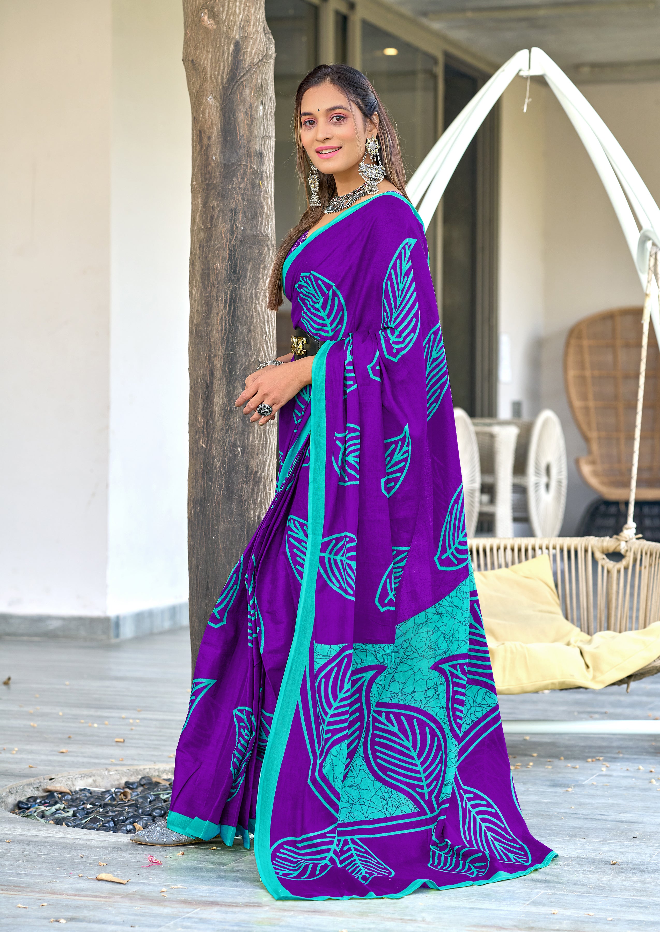 PRANAVI PURE MULMUL MORDAN HAND BLOCK PRINTD PURPLE SAREE