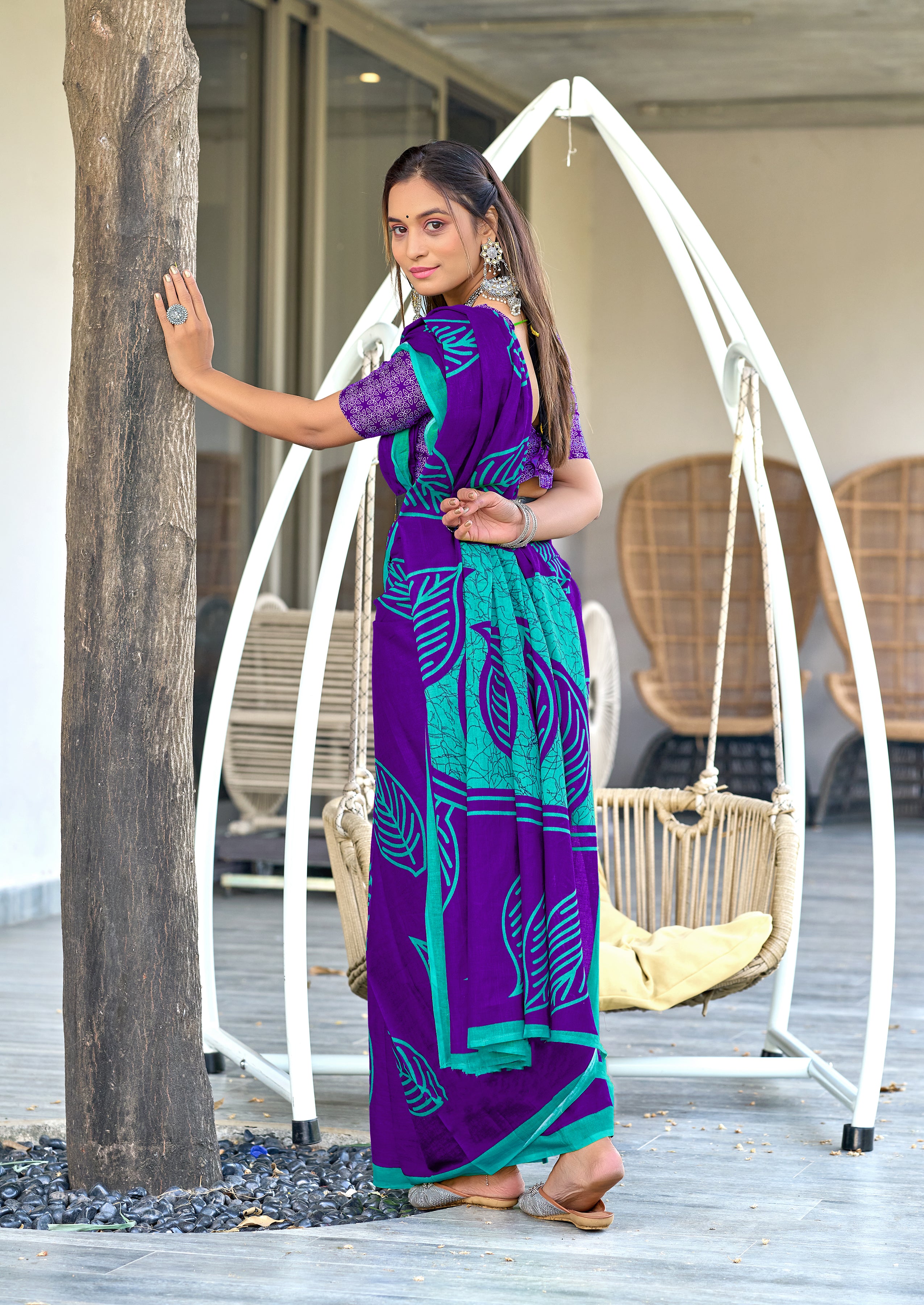 PRANAVI PURE MULMUL MORDAN HAND BLOCK PRINTD PURPLE SAREE