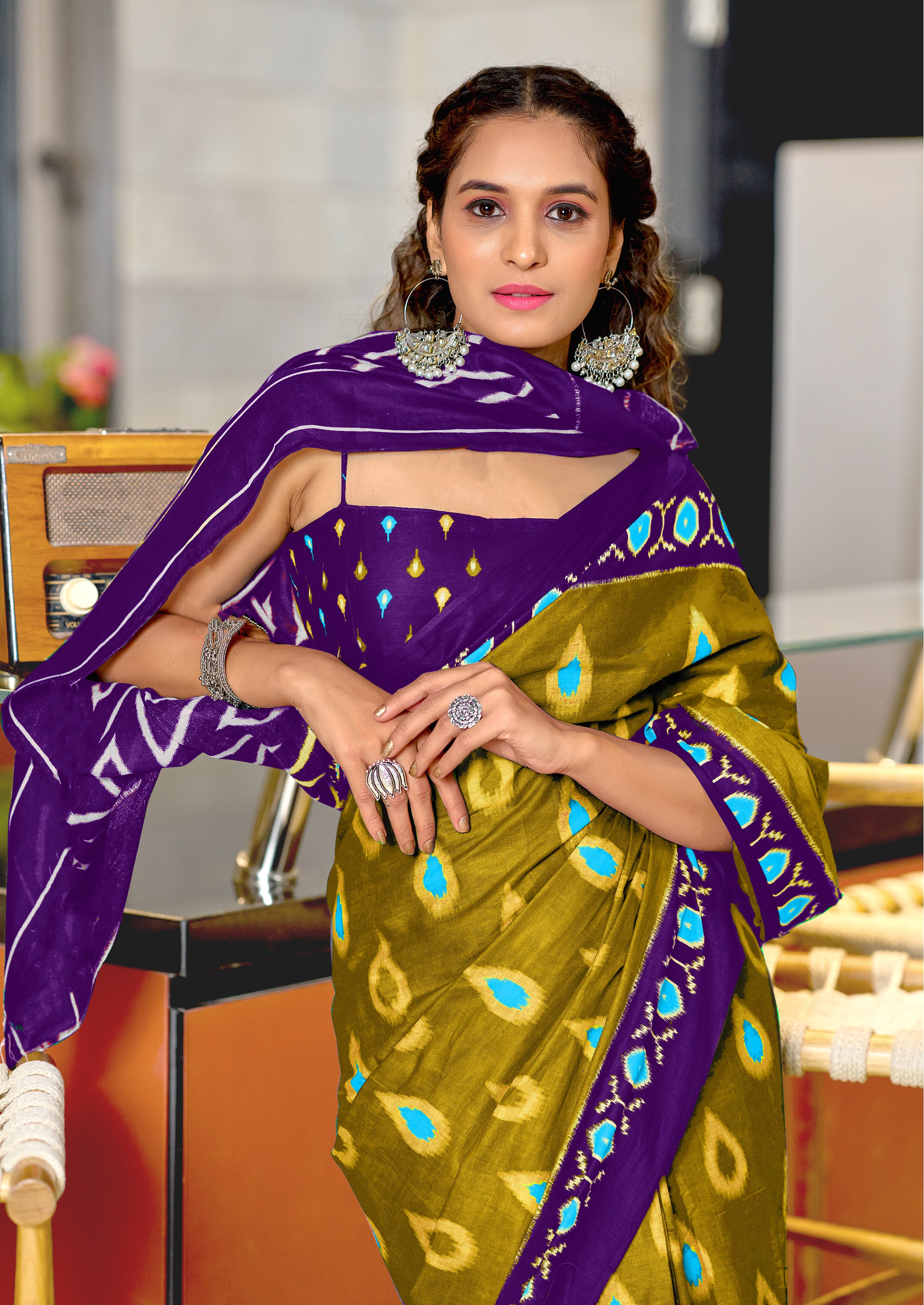 PREKSHA PURE MULMUL IKKAT HAND BLOCK PRINTD GREEN SAREE