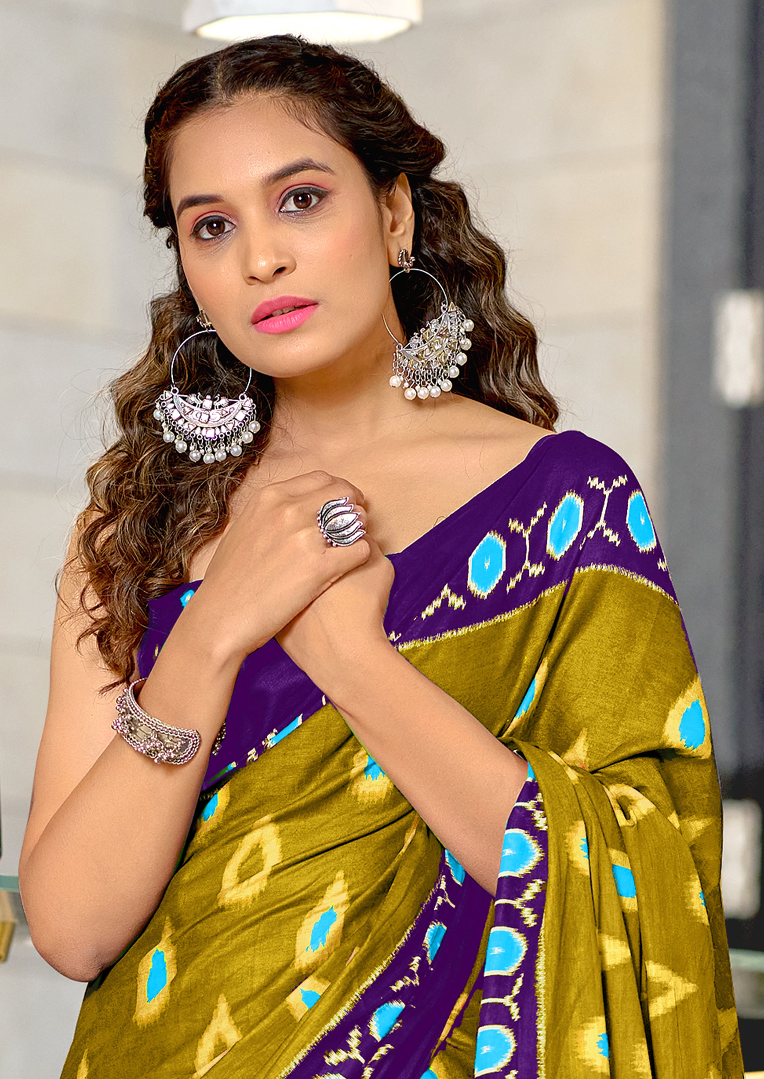 PREKSHA PURE MULMUL IKKAT HAND BLOCK PRINTD GREEN SAREE