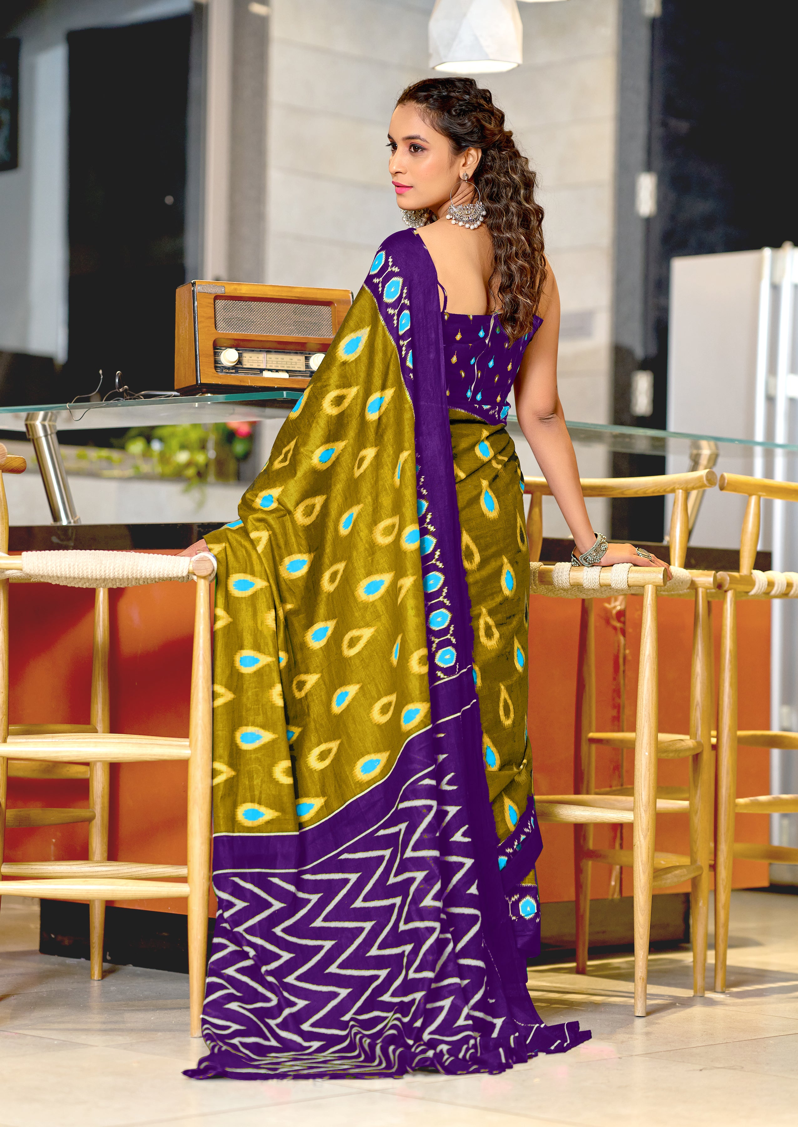 PREKSHA PURE MULMUL IKKAT HAND BLOCK PRINTD GREEN SAREE