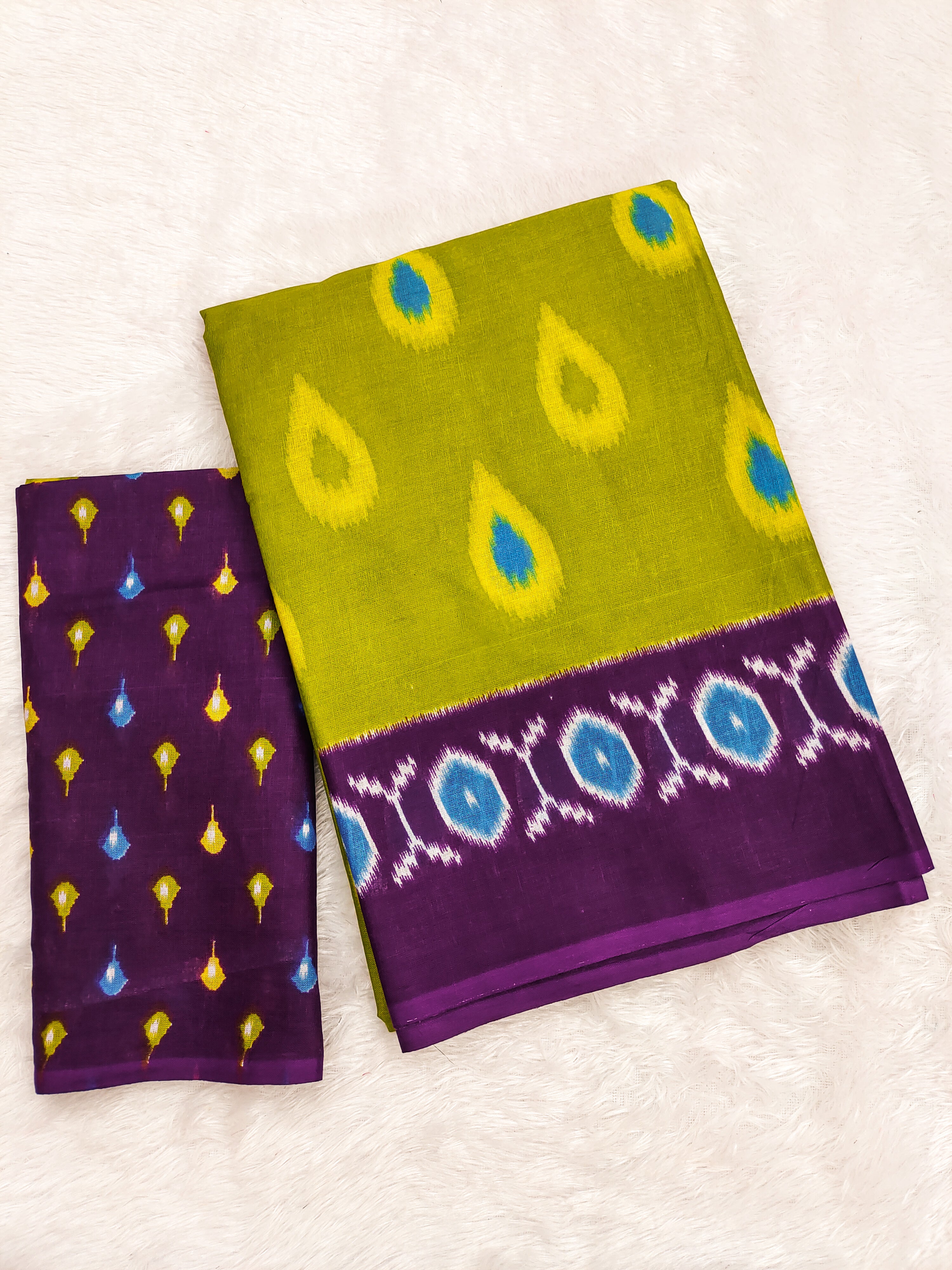 PREKSHA PURE MULMUL IKKAT HAND BLOCK PRINTD GREEN SAREE