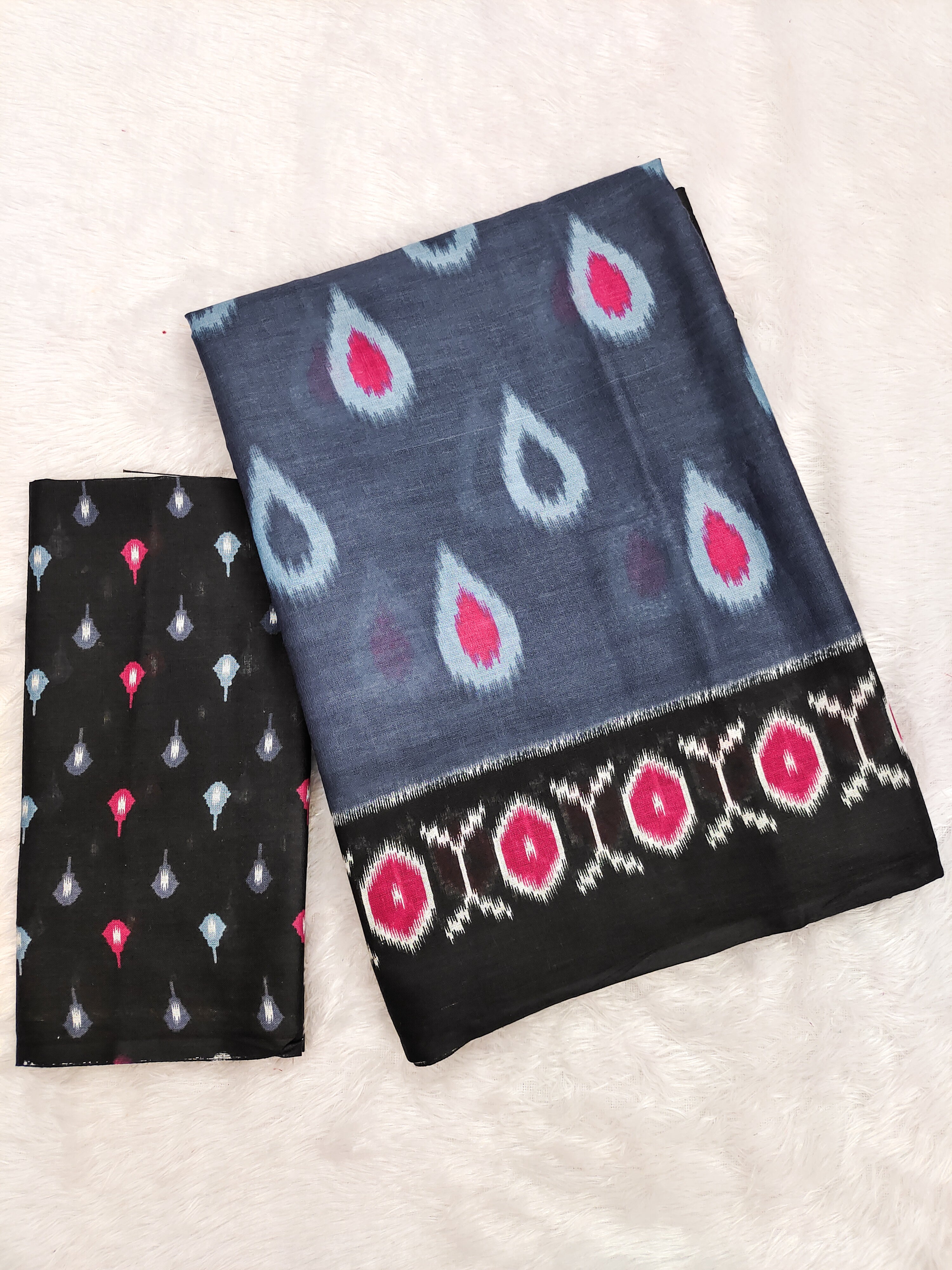 PREKSHA PURE MULMUL IKKAT HAND BLOCK PRINTD GREY SAREE