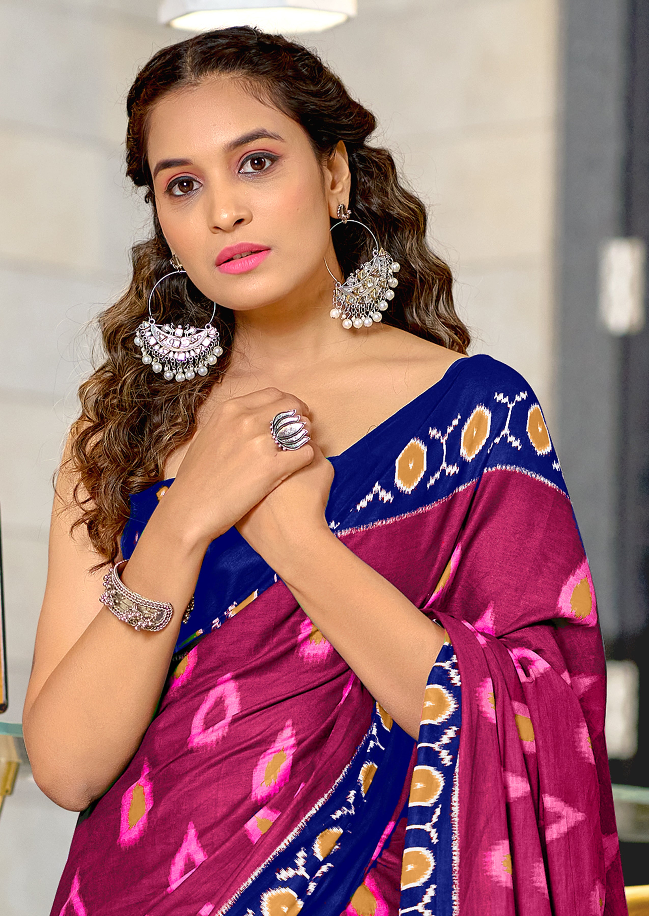 PREKSHA PURE MULMUL IKKAT HAND BLOCK PRINTD PINK SAREE