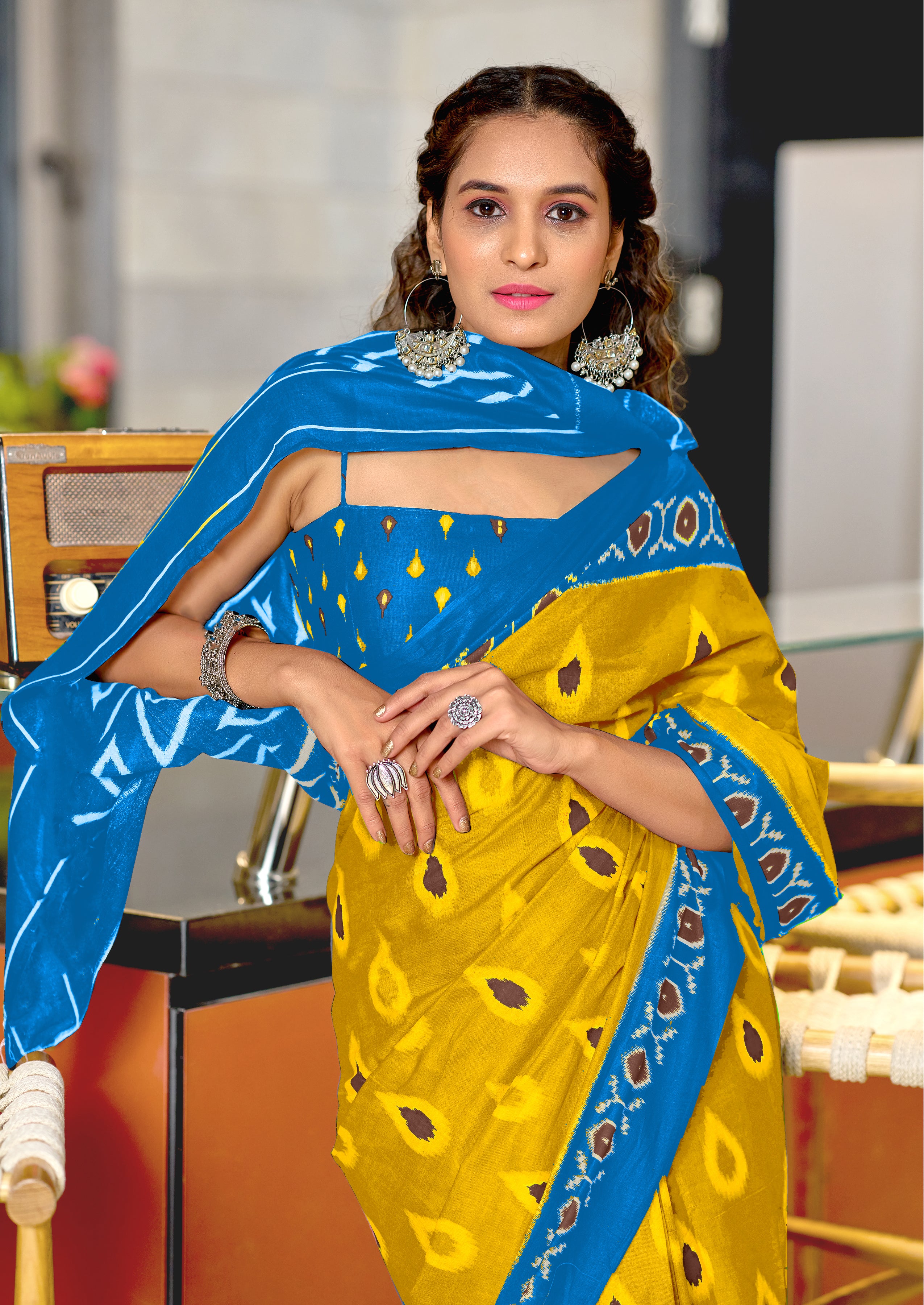 PREKSHA PURE MULMUL IKKAT HAND BLOCK PRINTD YELLOW SAREE