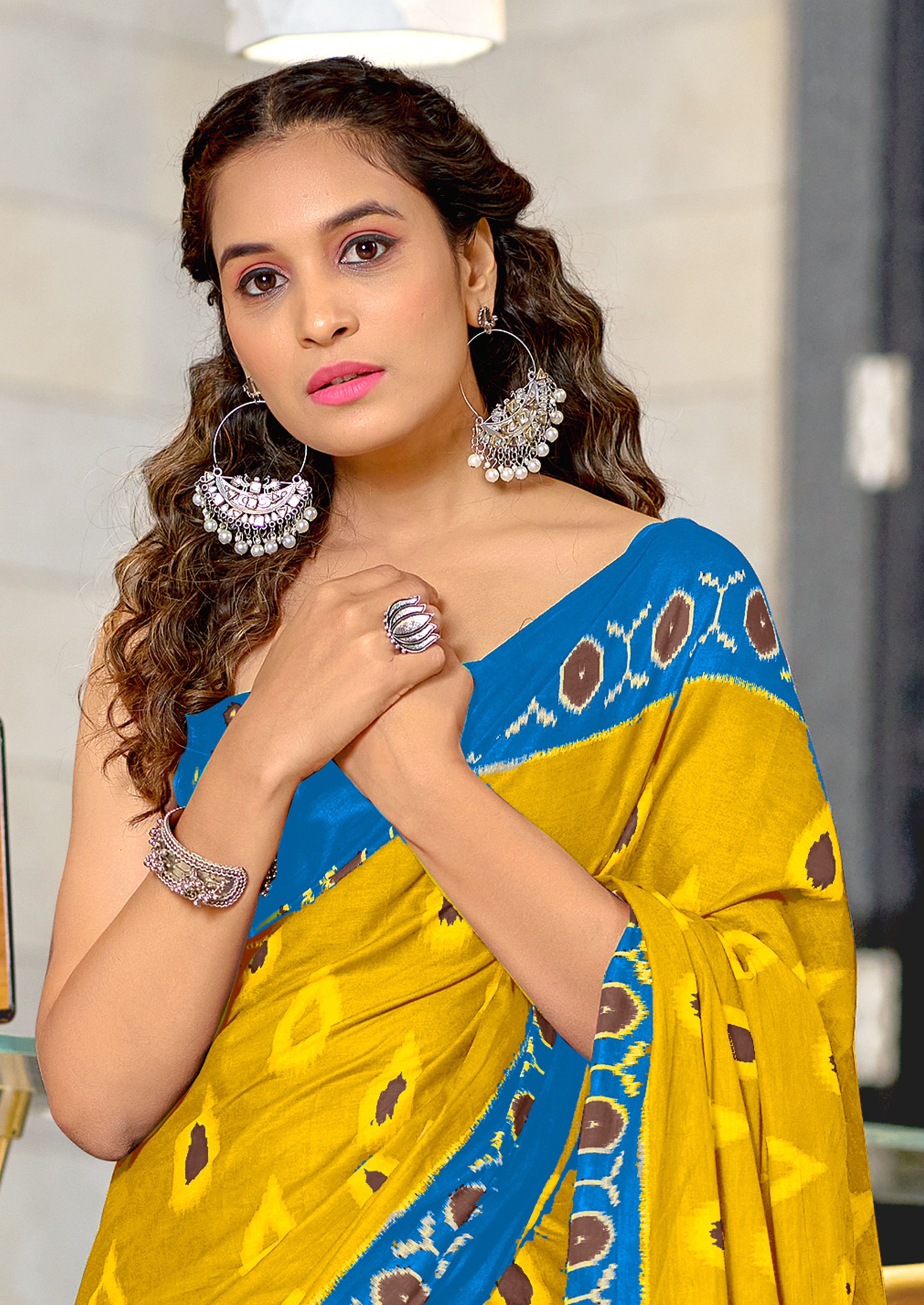 PREKSHA PURE MULMUL IKKAT HAND BLOCK PRINTD YELLOW SAREE