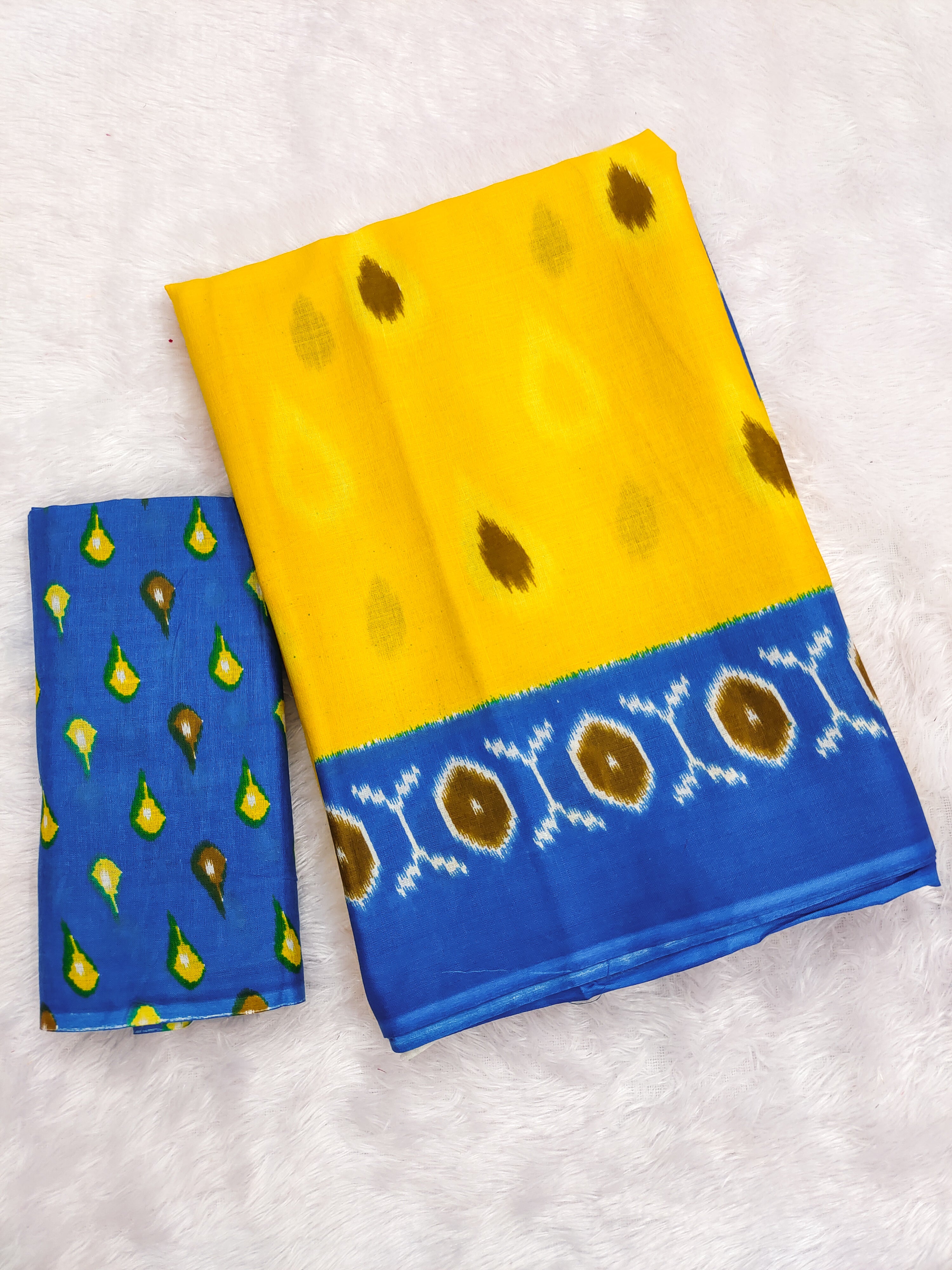 PREKSHA PURE MULMUL IKKAT HAND BLOCK PRINTD YELLOW SAREE