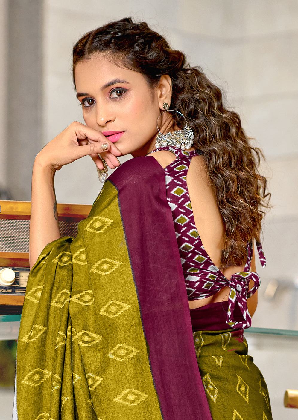 PREMWATHI PURE MULMUL COTTON IKKAT POCHAMPALLY HAND PRINTED OLIVE GREEN SAREE