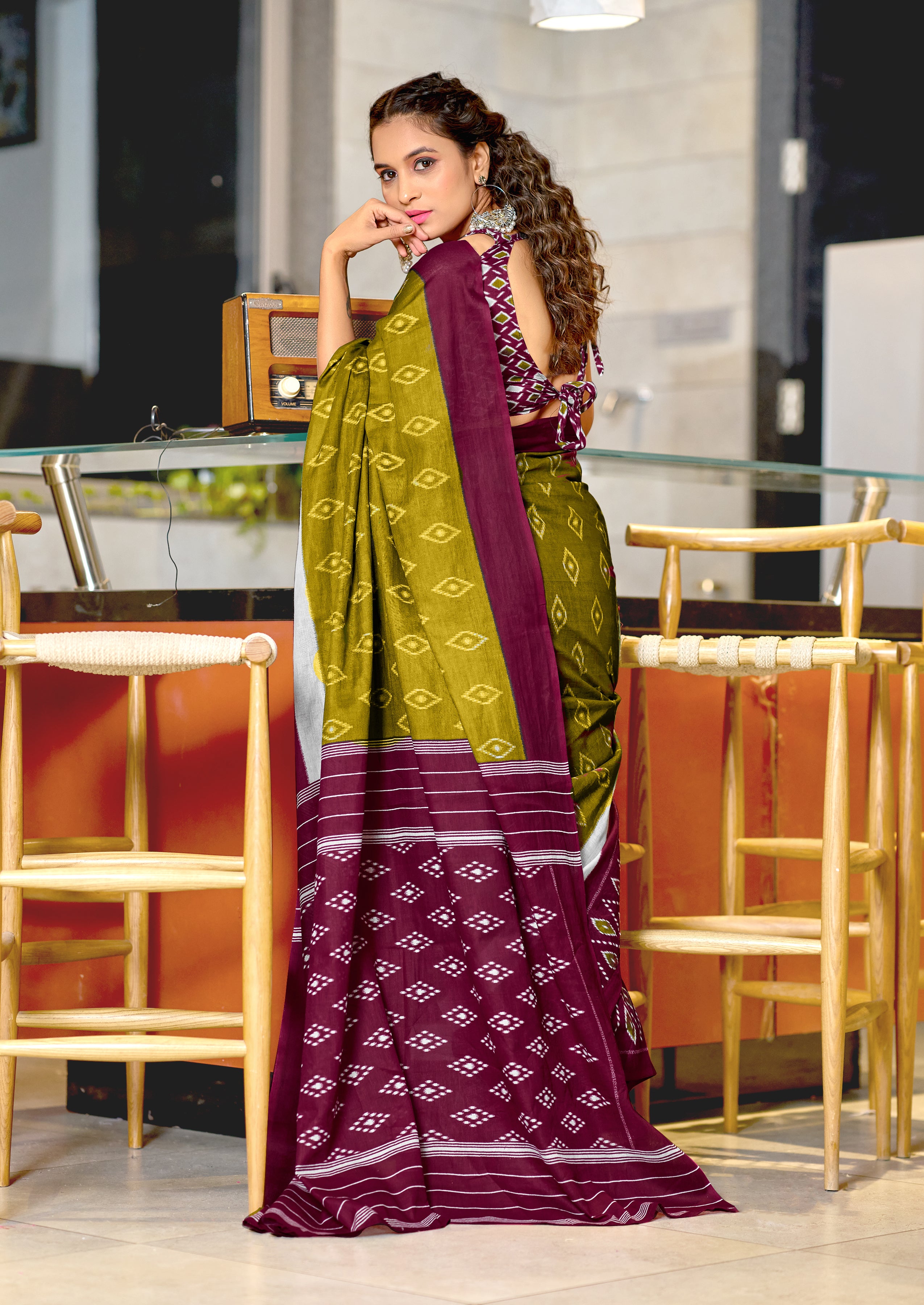 PREMWATHI PURE MULMUL COTTON IKKAT POCHAMPALLY HAND PRINTED OLIVE GREEN SAREE