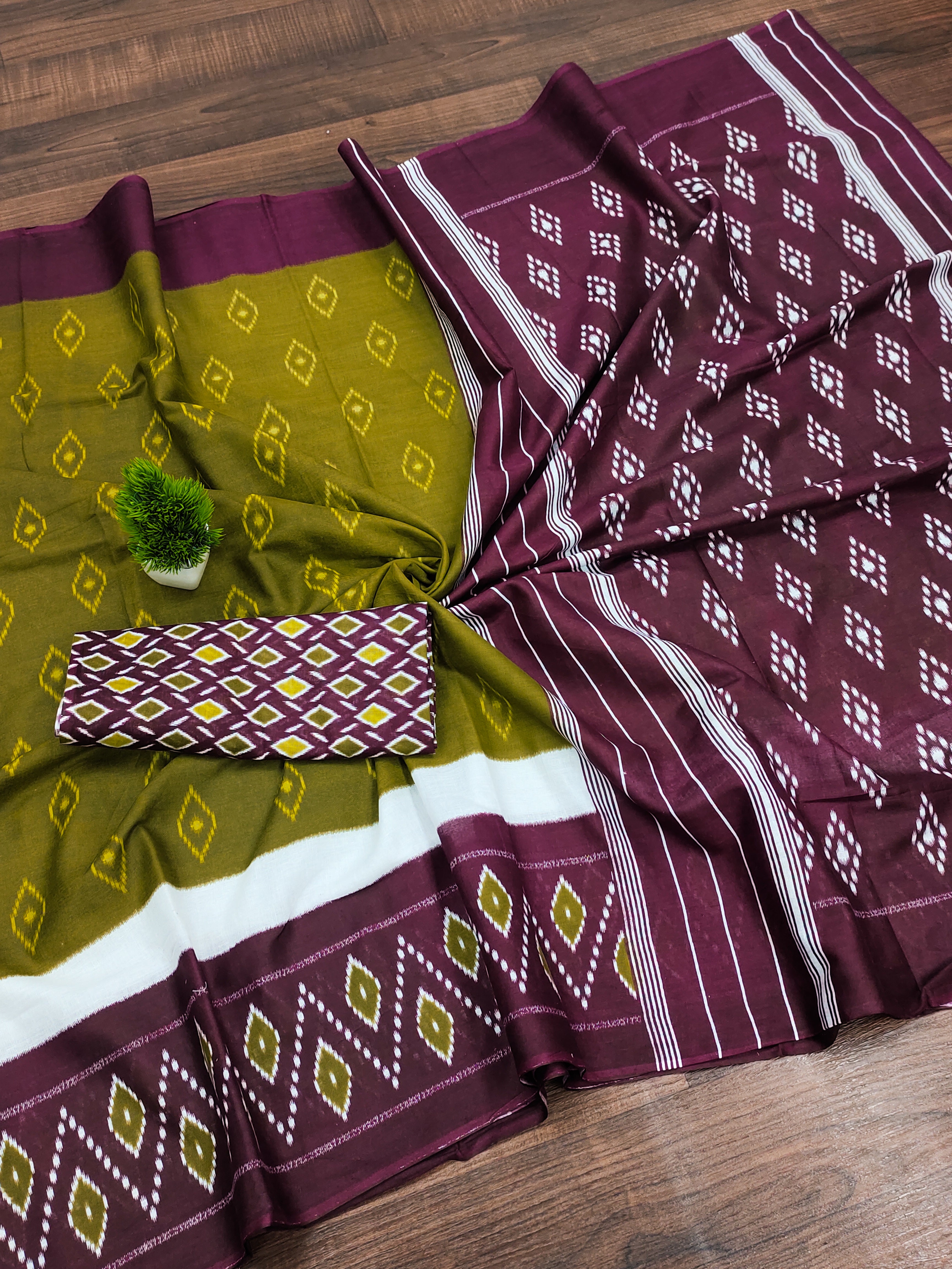 PREMWATHI PURE MULMUL COTTON IKKAT POCHAMPALLY HAND PRINTED OLIVE GREEN SAREE