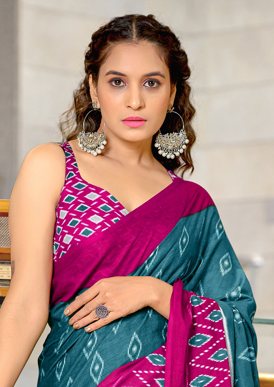 PREMWATHI PURE MULMUL COTTON IKKAT POCHAMPALLY HAND PRINTED TEAL BLUE SAREE