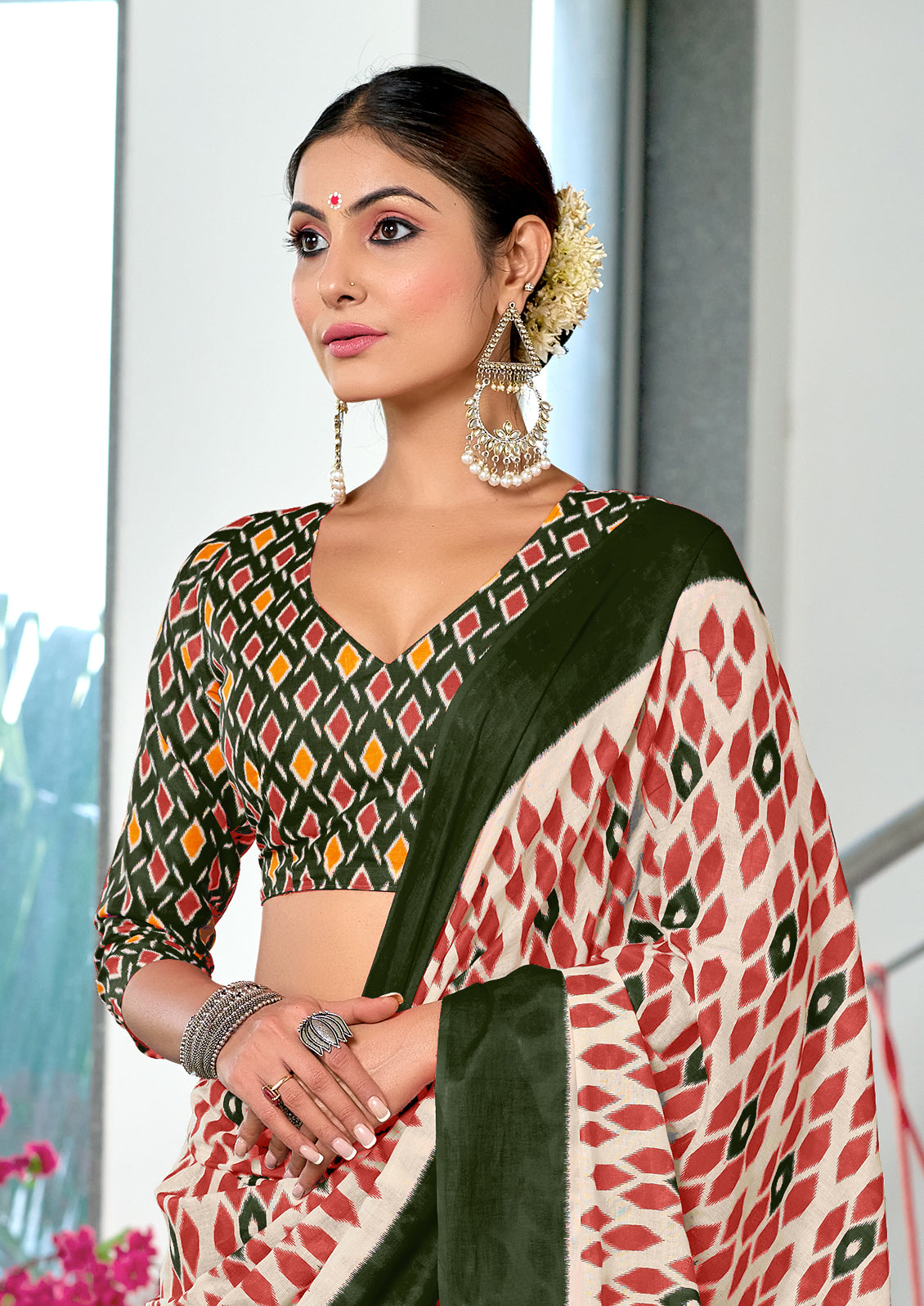 PRIYALAXMI PURE MULMUL COTTON IKKAT PRINTD DARK GREEN AND PEACH SAREE