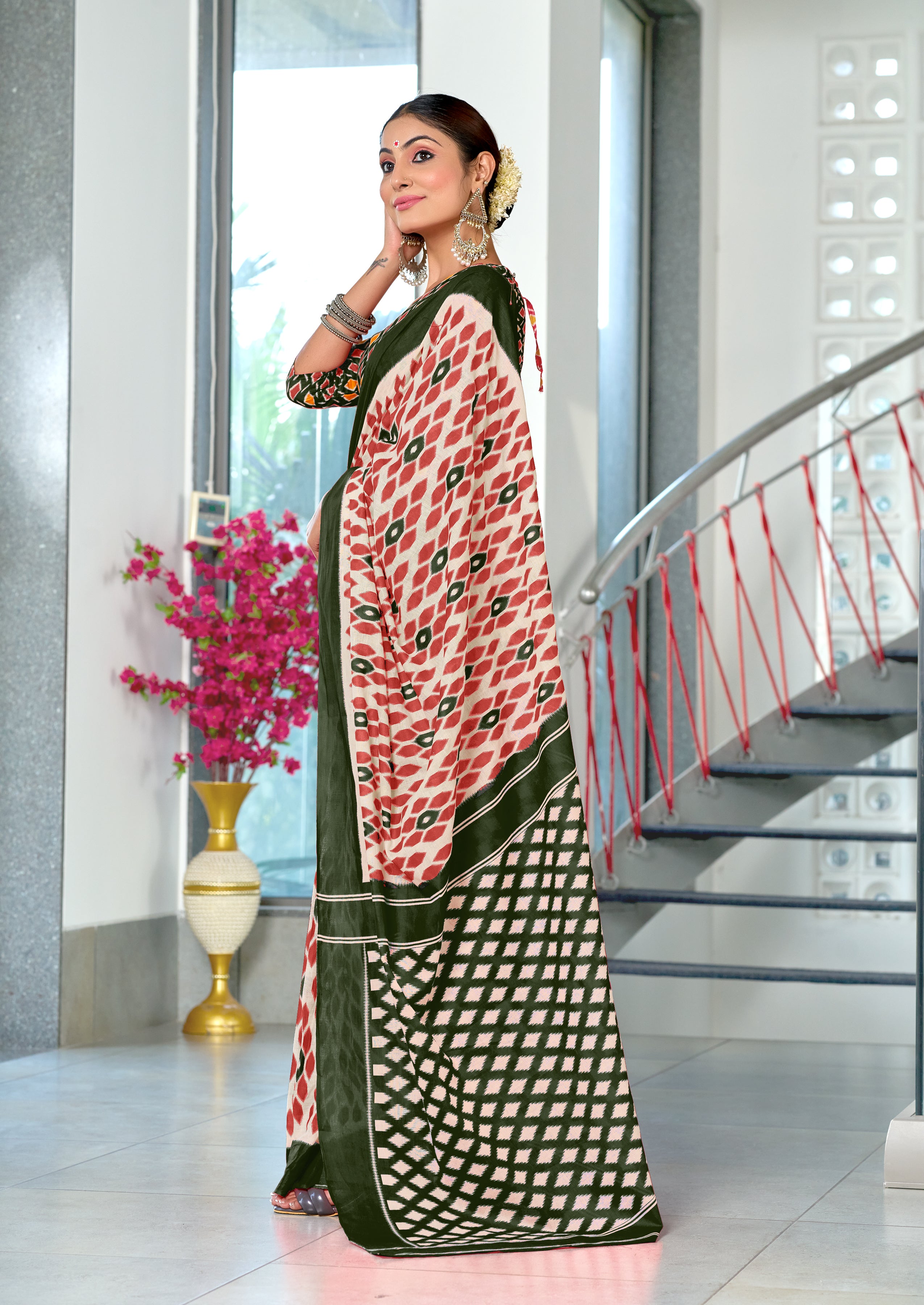 PRIYALAXMI PURE MULMUL COTTON IKKAT PRINTD DARK GREEN AND PEACH SAREE