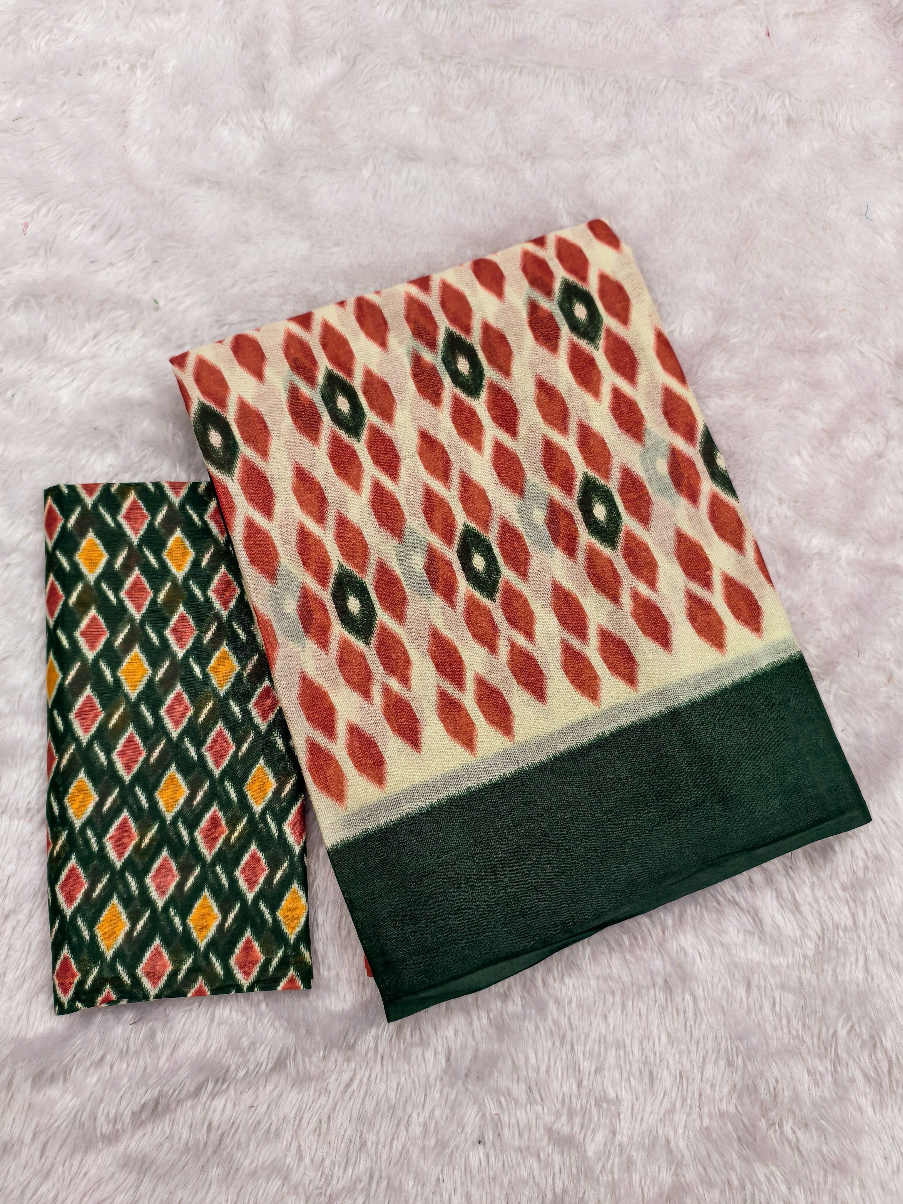 PRIYALAXMI PURE MULMUL COTTON IKKAT PRINTD DARK GREEN AND PEACH SAREE