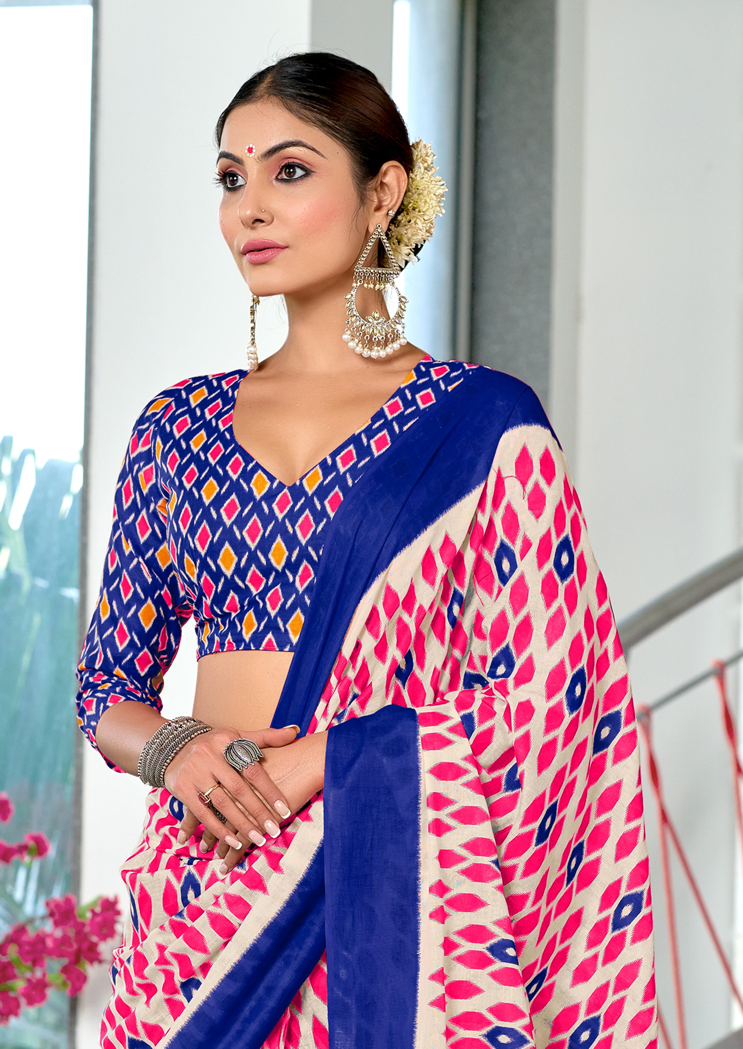 PRIYALAXMI PURE MULMUL COTTON IKKAT PRINTD PINK AND BLUE SAREE