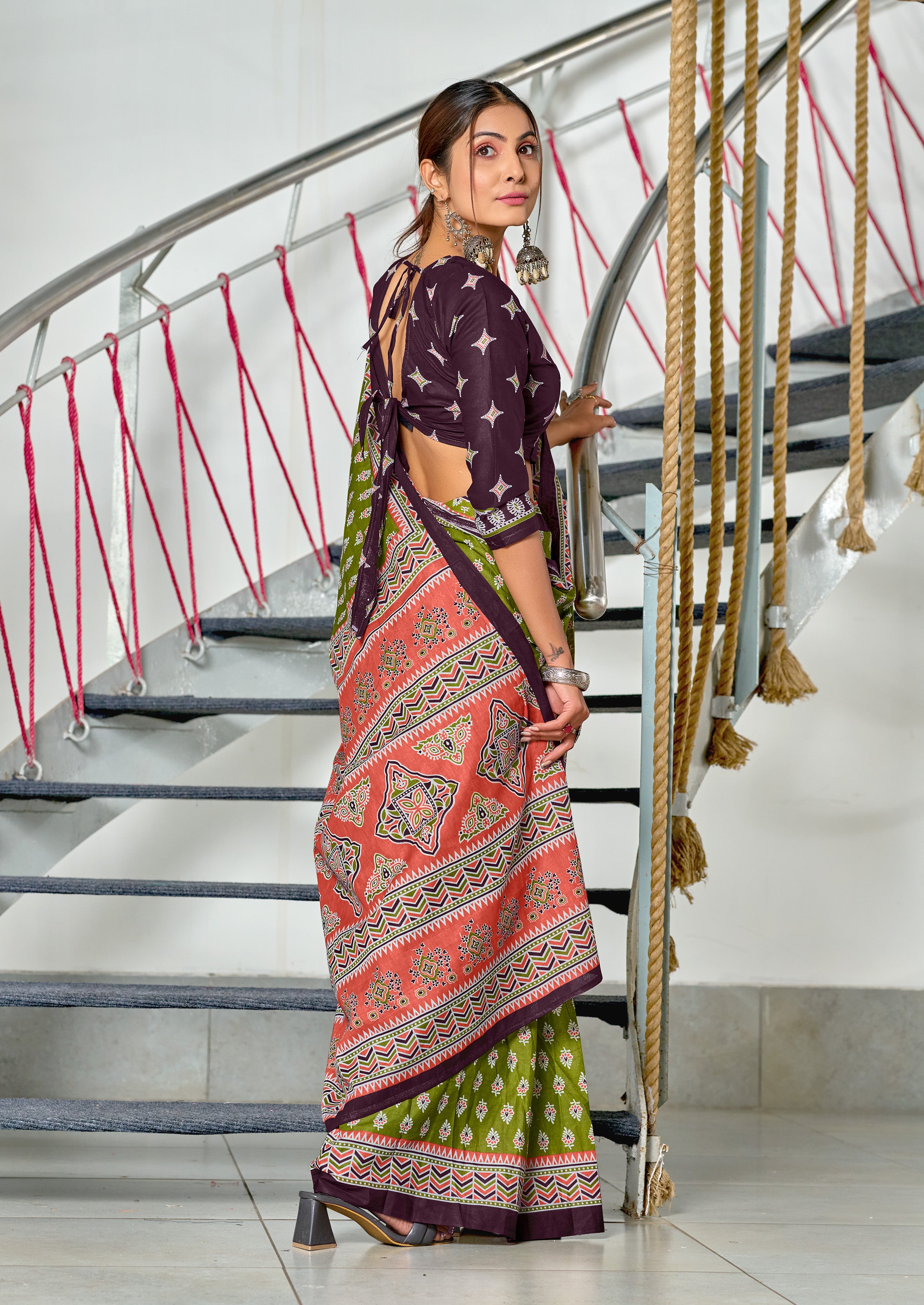 RACHITA PURE MULMUL COTTON BAGRU PRINTD GREEN SAREE