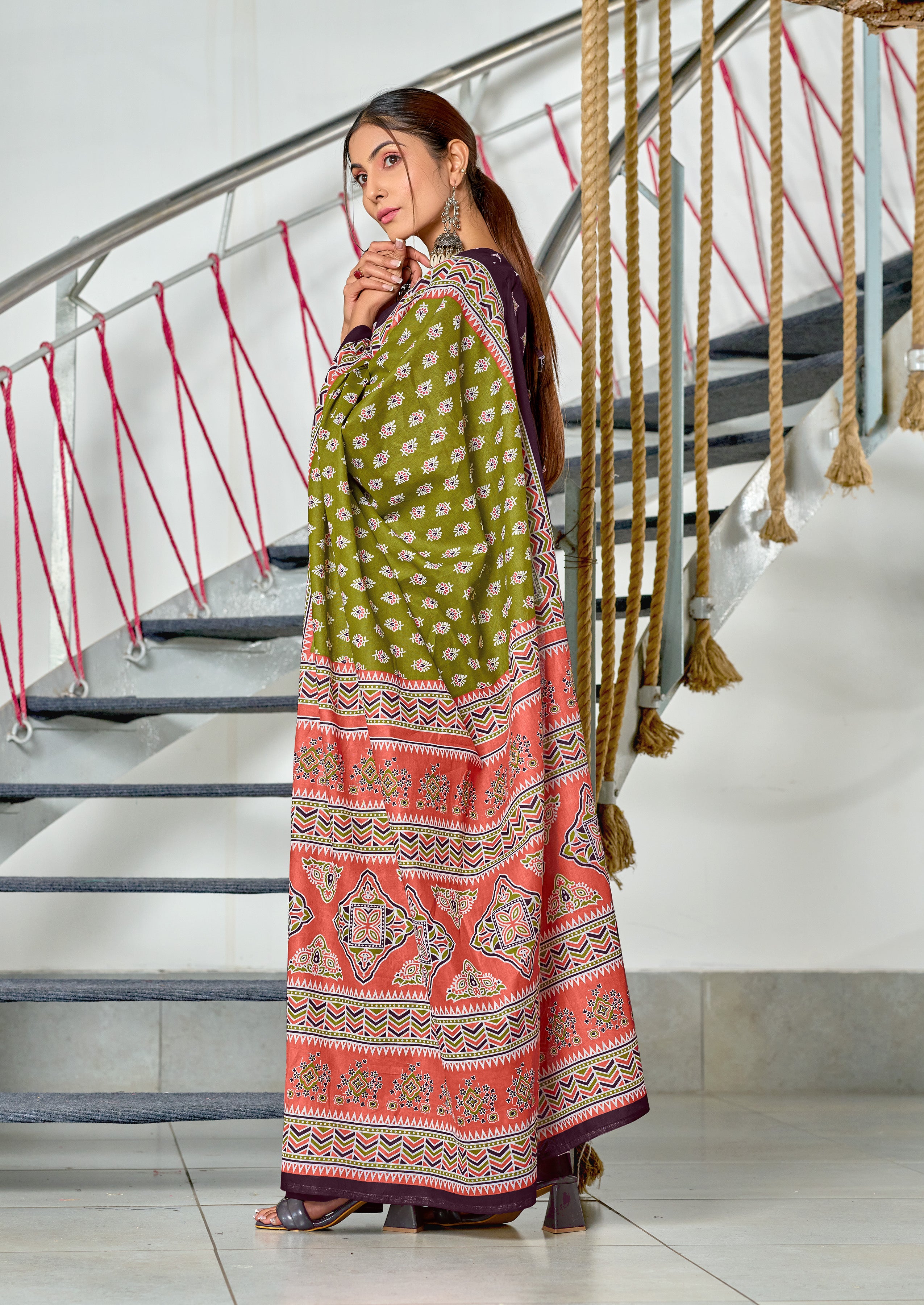 RACHITA PURE MULMUL COTTON BAGRU PRINTD GREEN SAREE