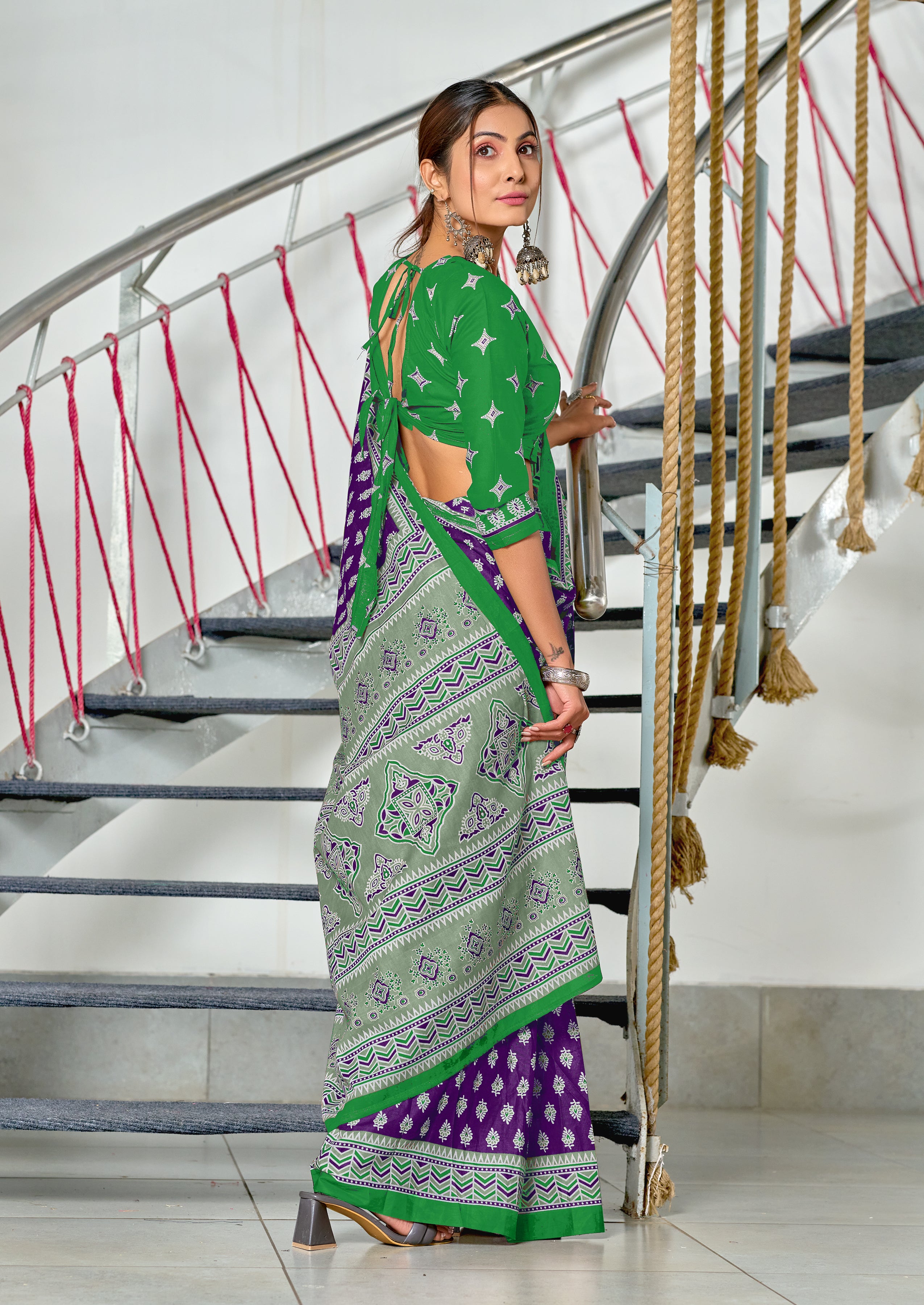 RACHITA PURE MULMUL COTTON BAGRU PRINTD PURPLE SAREE