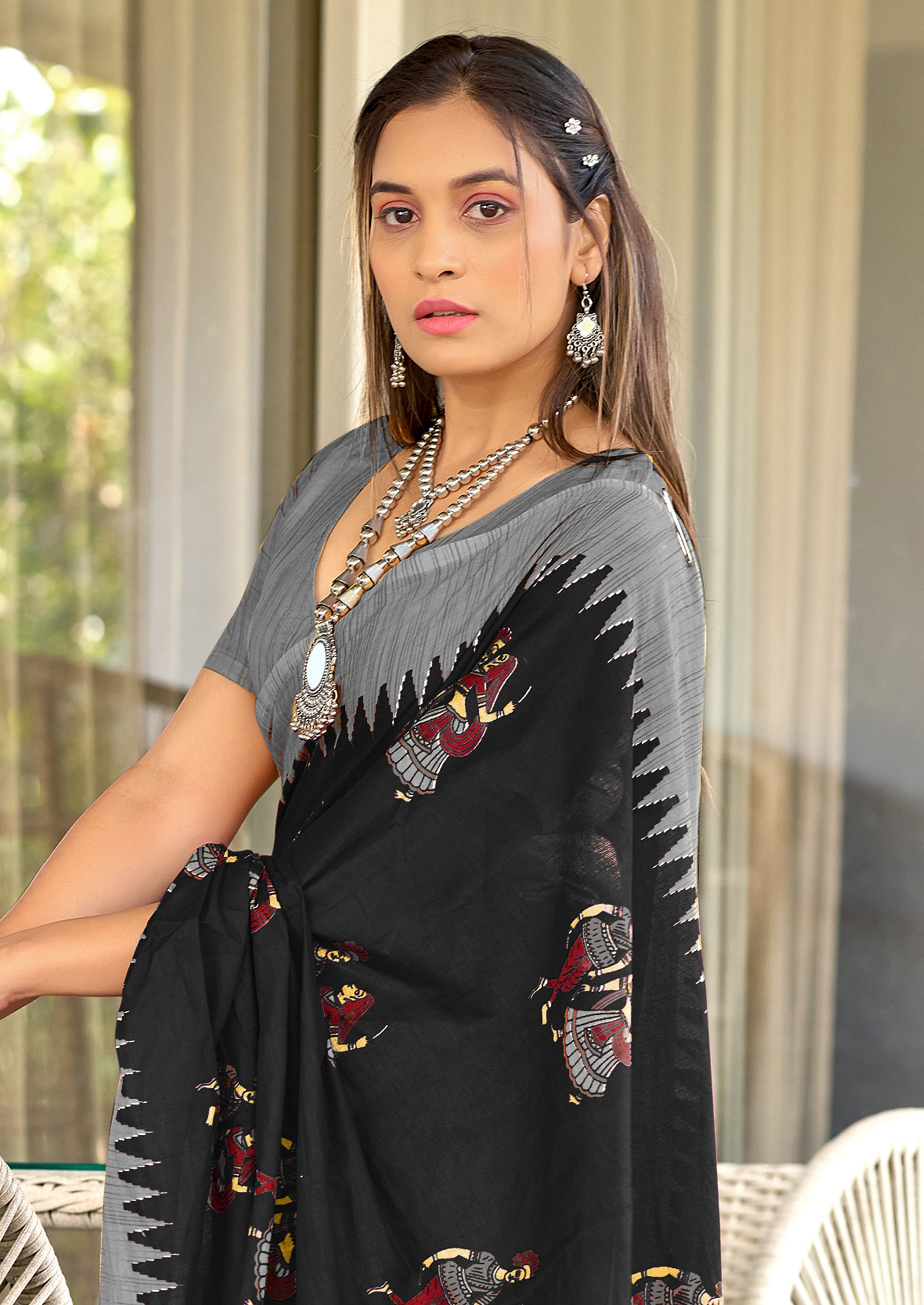 RAMLILA SOFT MULMUL PURE COTTON WITH BEAUTIFUL KALAMKARI HAND BLOCK PRINT BLACK SAREE