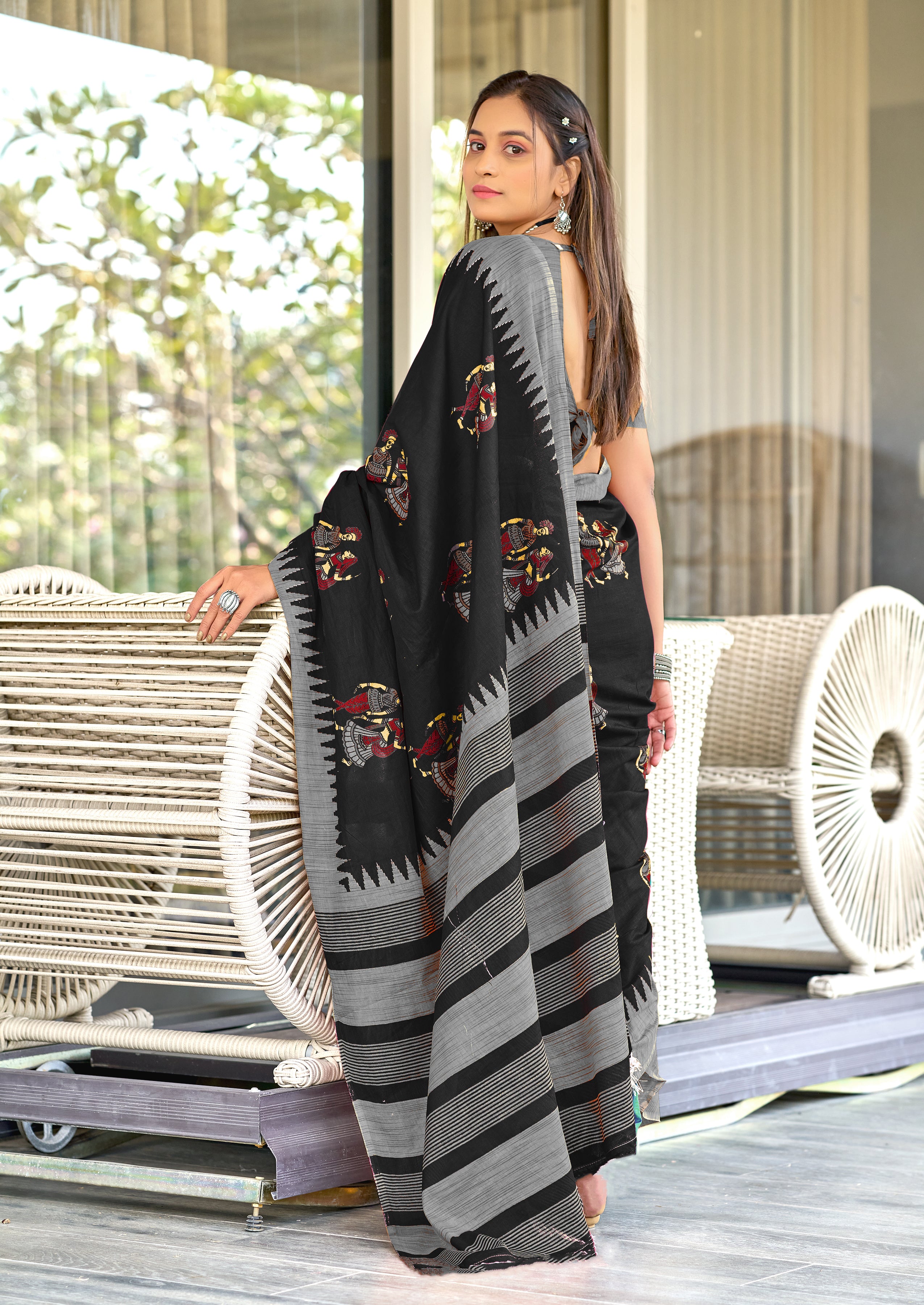 RAMLILA SOFT MULMUL PURE COTTON WITH BEAUTIFUL KALAMKARI HAND BLOCK PRINT BLACK SAREE