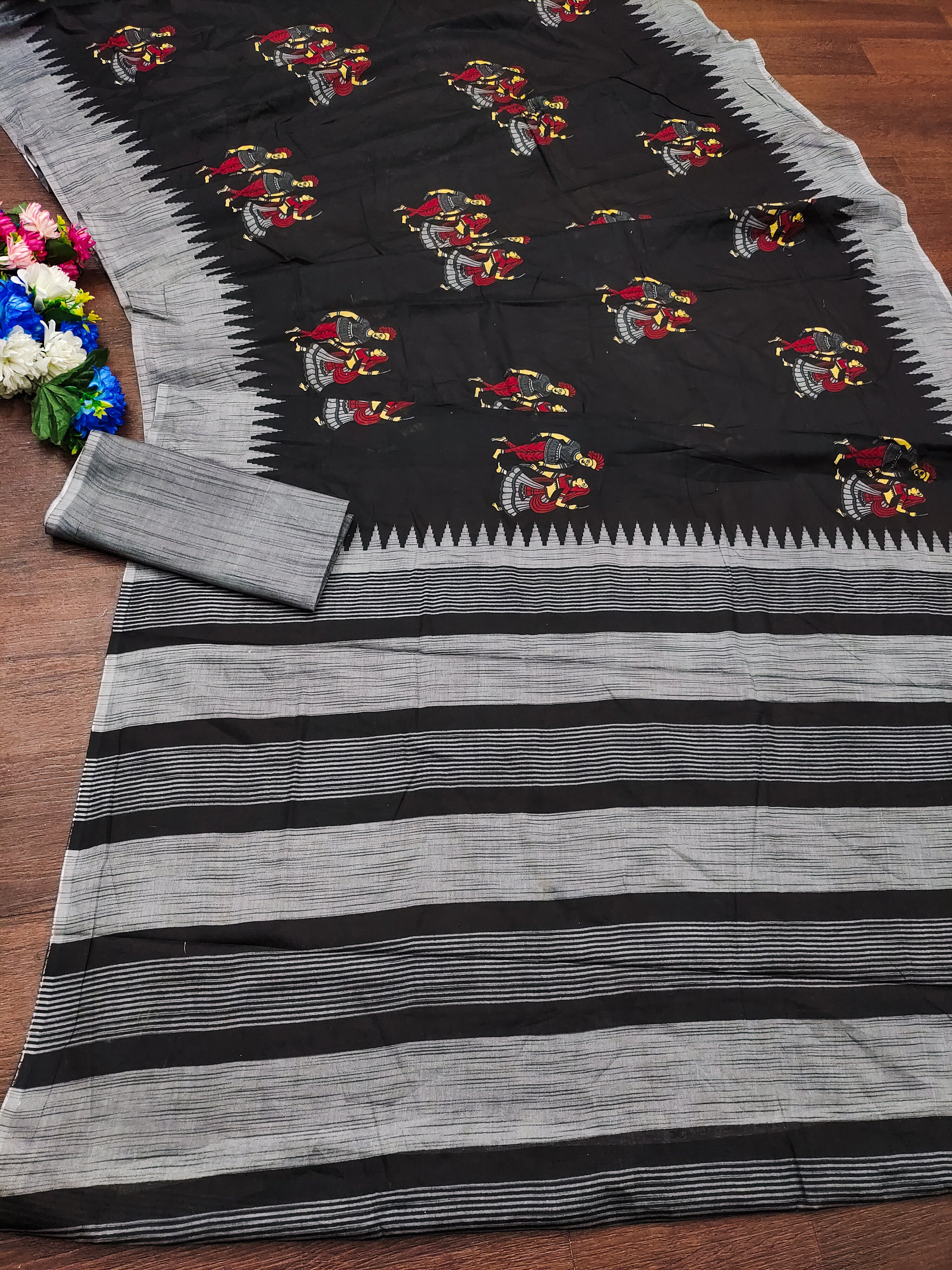 RAMLILA SOFT MULMUL PURE COTTON WITH BEAUTIFUL KALAMKARI HAND BLOCK PRINT BLACK SAREE