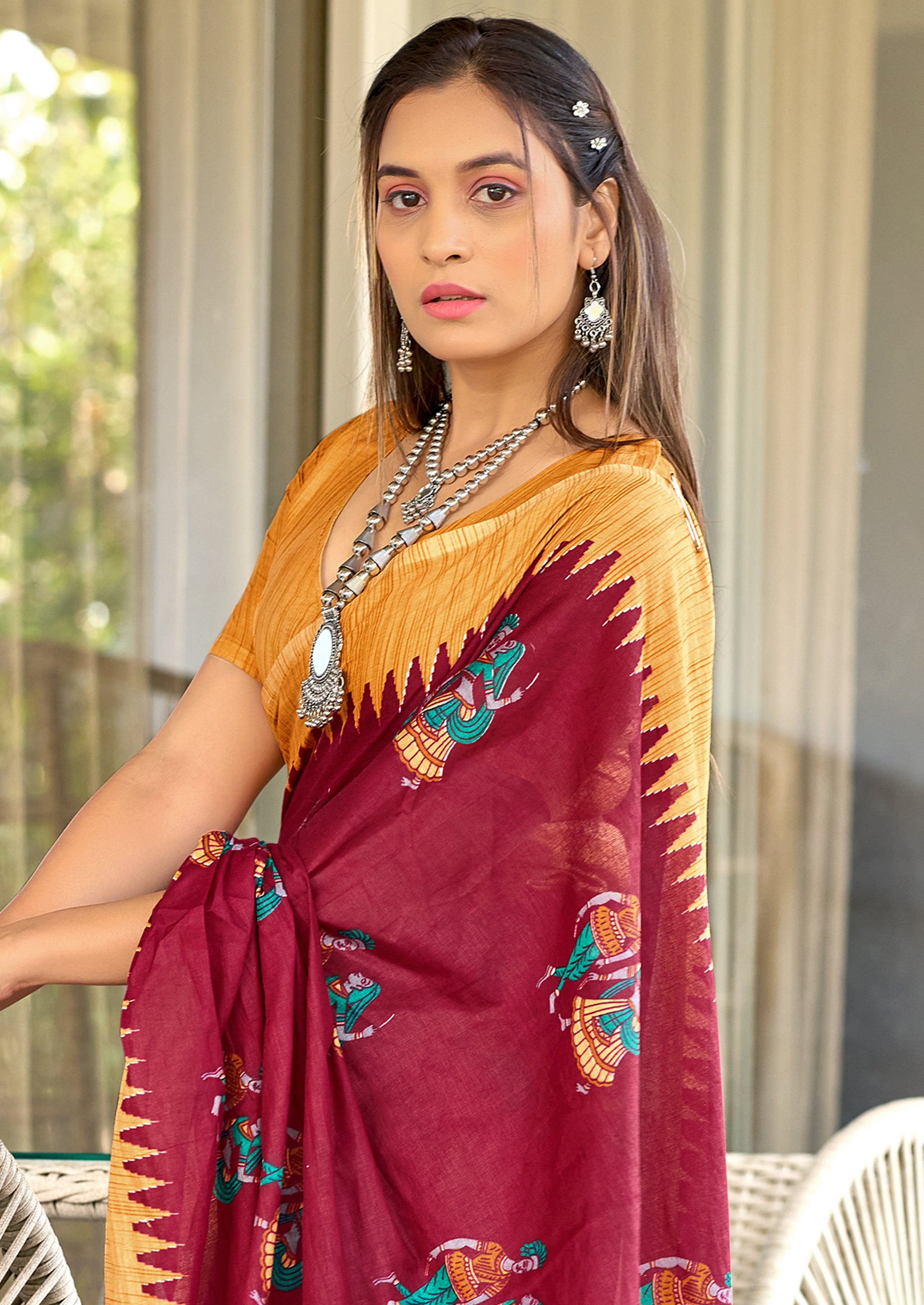 RAMLILA SOFT MULMUL PURE COTTON WITH BEAUTIFUL KALAMKARI HAND RED PRINT BLACK SAREE