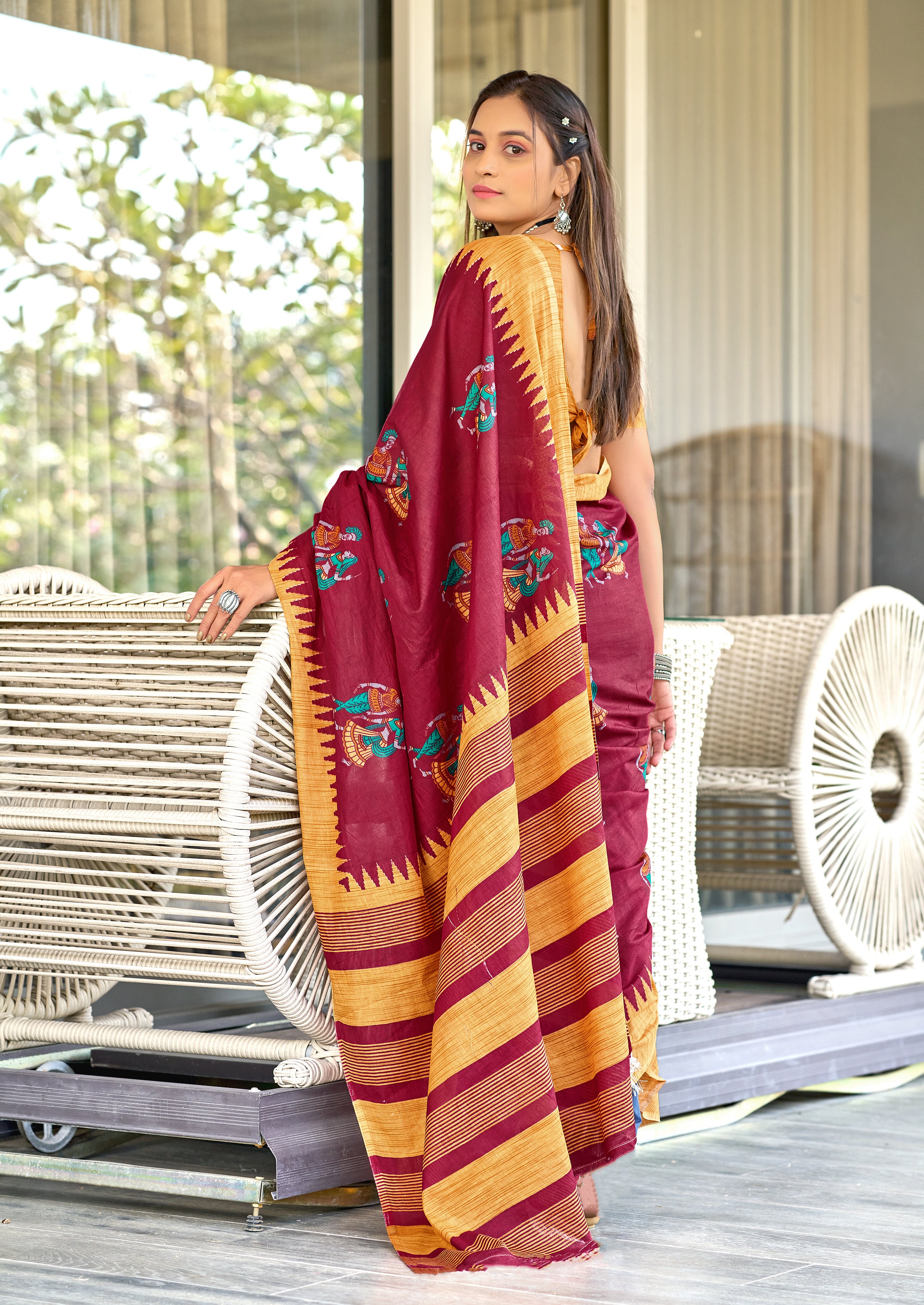 RAMLILA SOFT MULMUL PURE COTTON WITH BEAUTIFUL KALAMKARI HAND RED PRINT BLACK SAREE