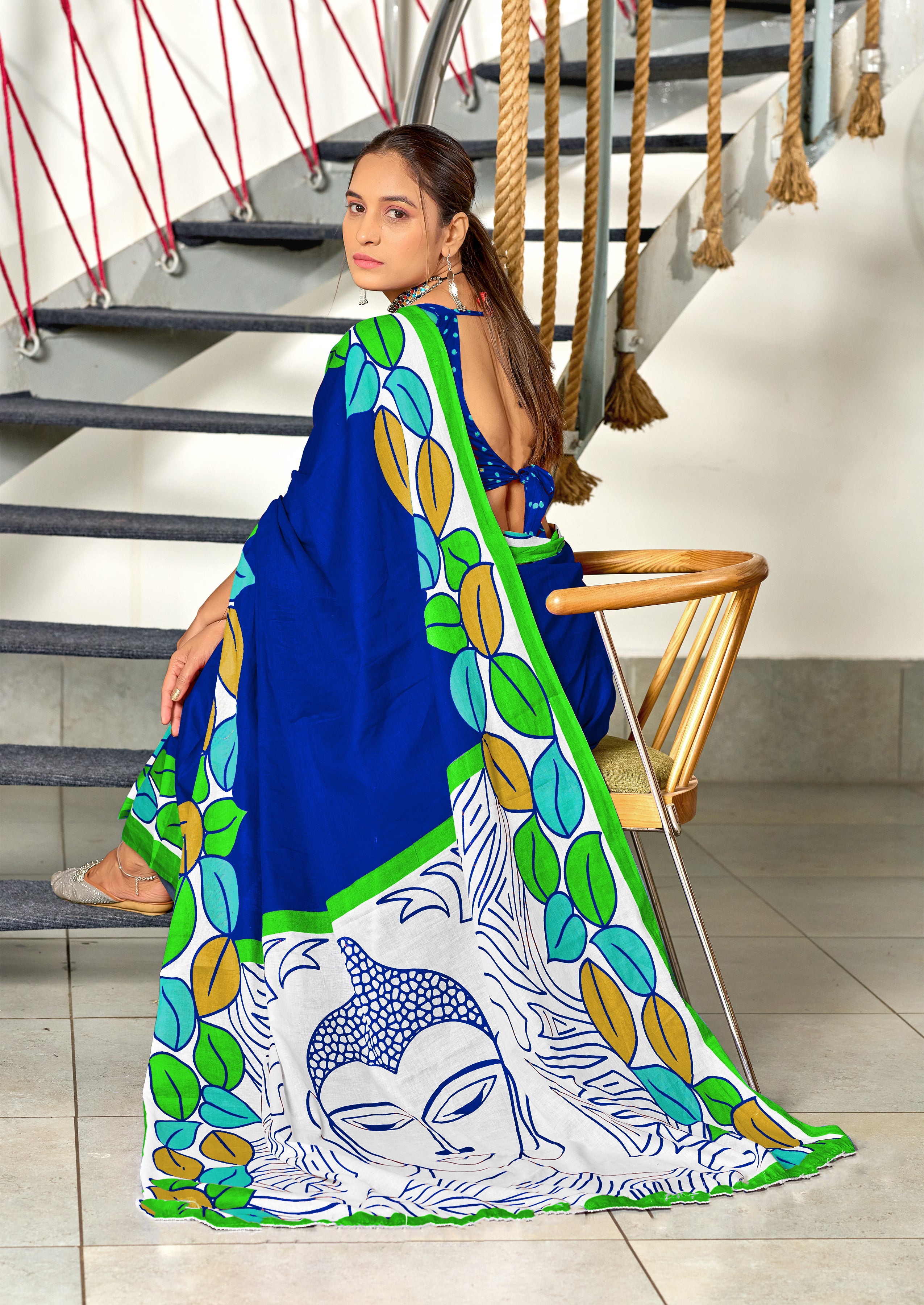RAMYA PURE MULMUL MADHUBANI HAND BLOCK PRINTD BLUE SAREE