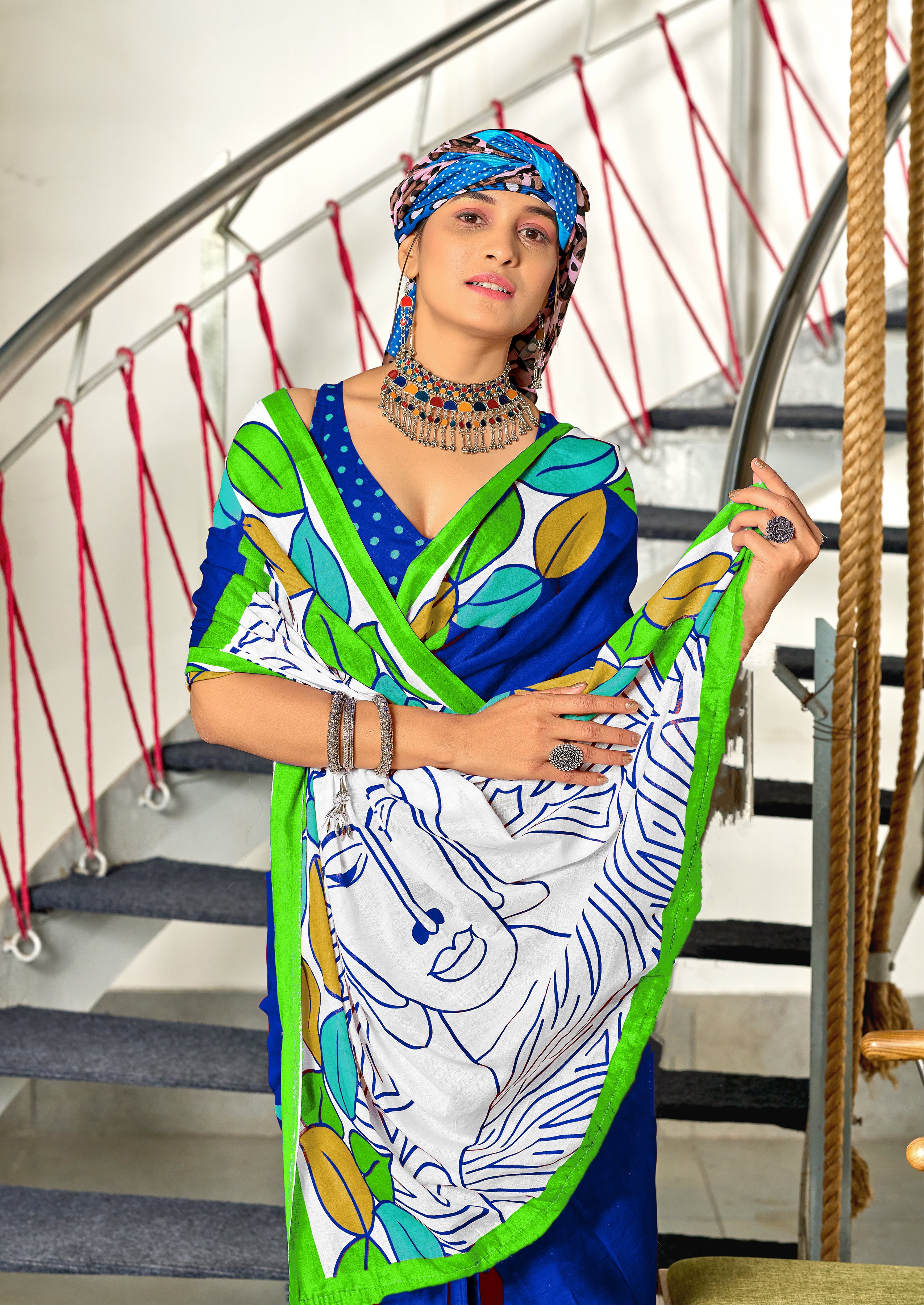 RAMYA PURE MULMUL MADHUBANI HAND BLOCK PRINTD BLUE SAREE