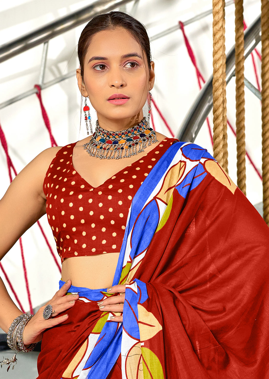 RAMYA PURE MULMUL MADHUBANI HAND BLOCK PRINTD RED SAREE