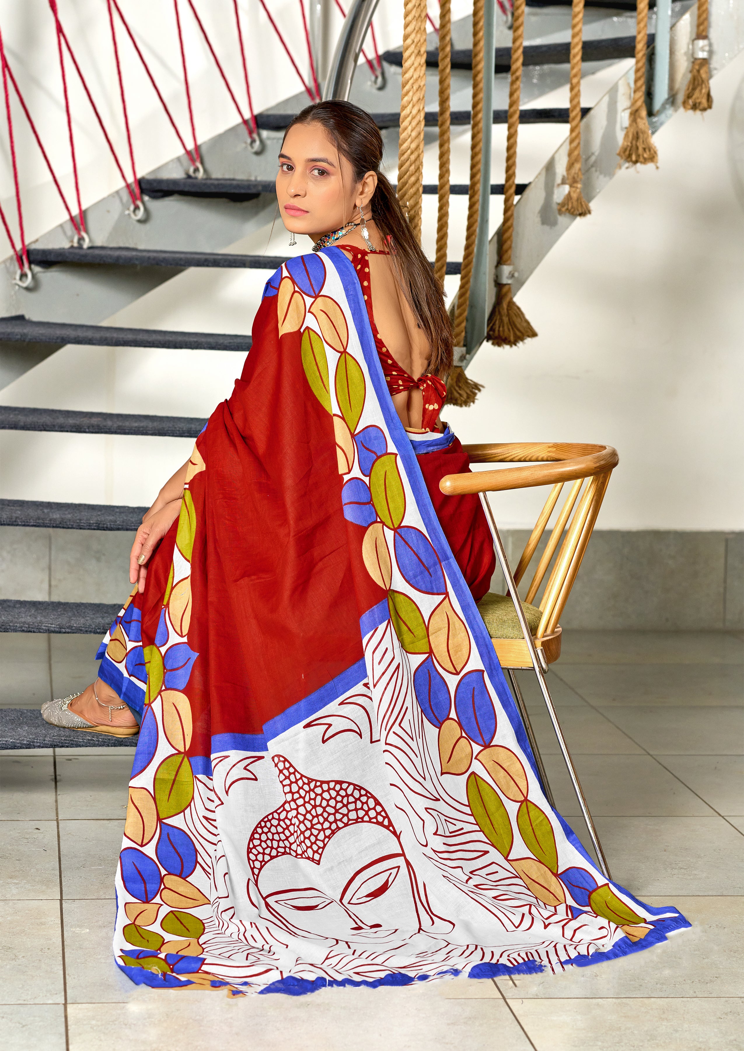 RAMYA PURE MULMUL MADHUBANI HAND BLOCK PRINTD RED SAREE
