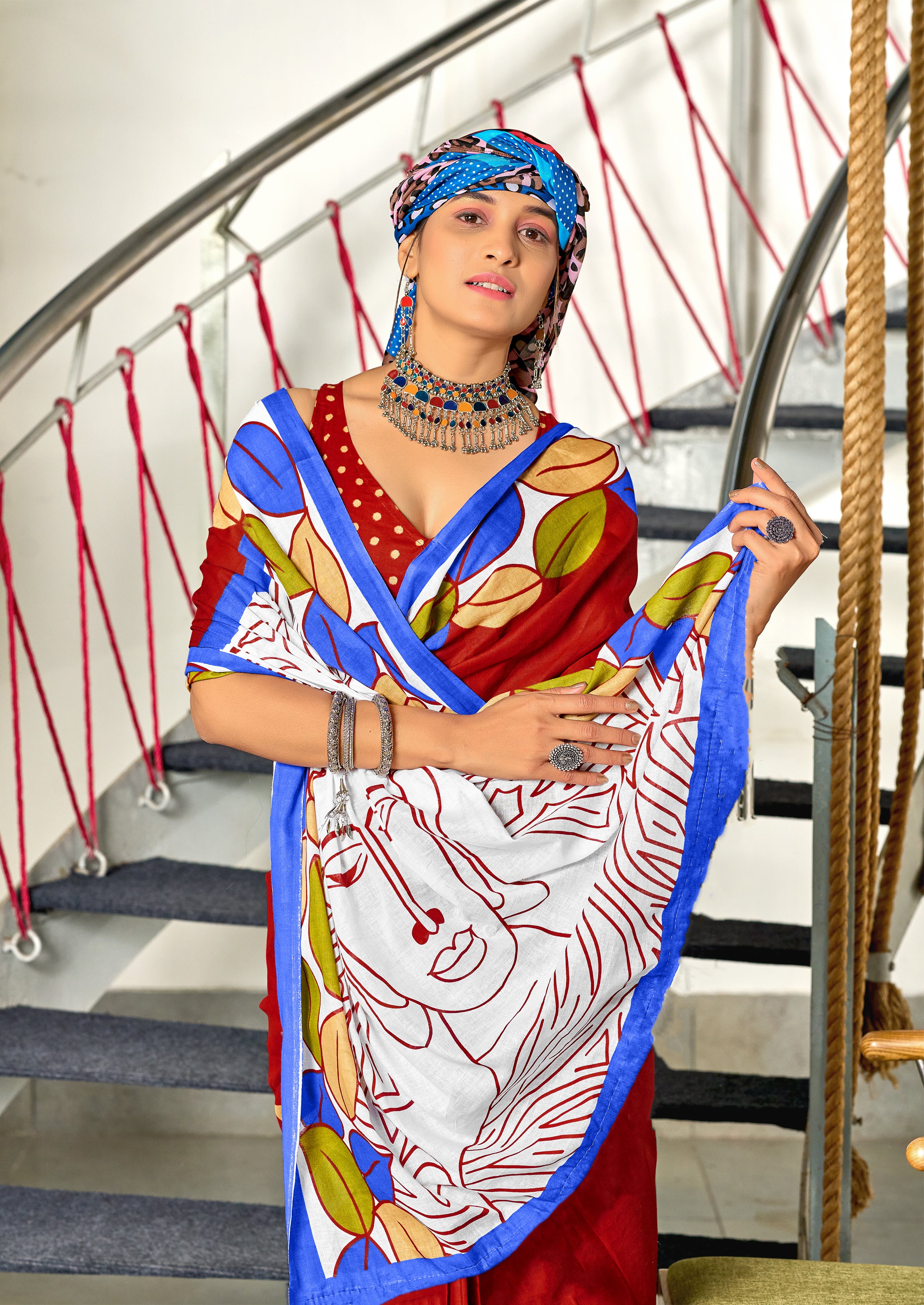 RAMYA PURE MULMUL MADHUBANI HAND BLOCK PRINTD RED SAREE