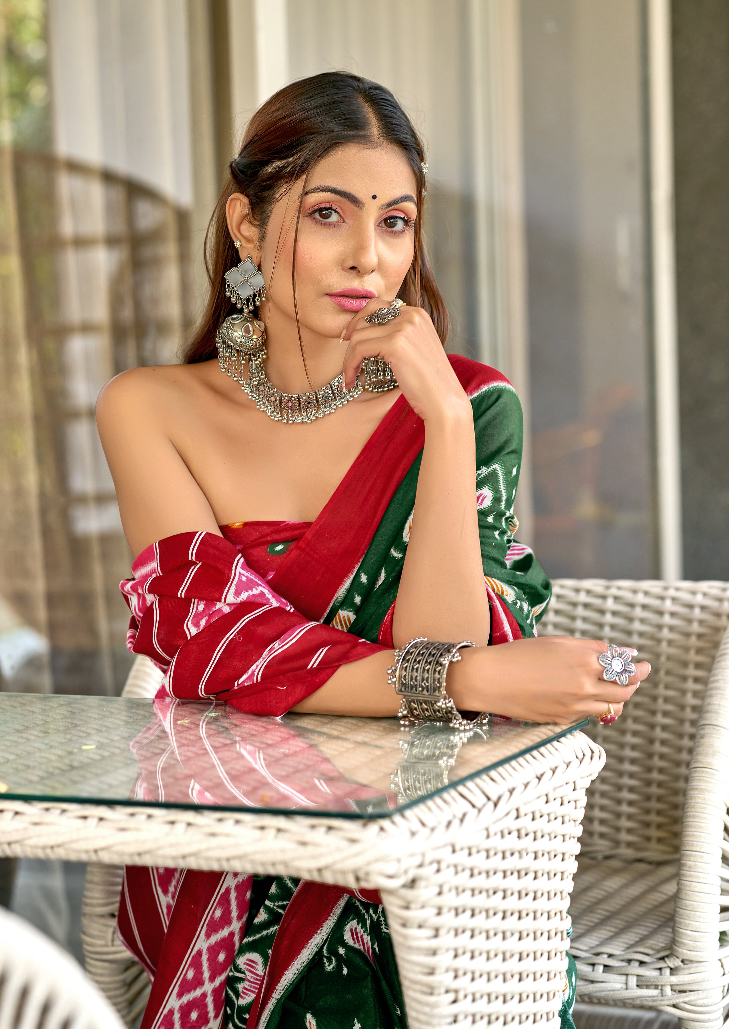 RASHMIKA PURE MULMUL COTTON IKKAT PRINTD GREEN SAREE