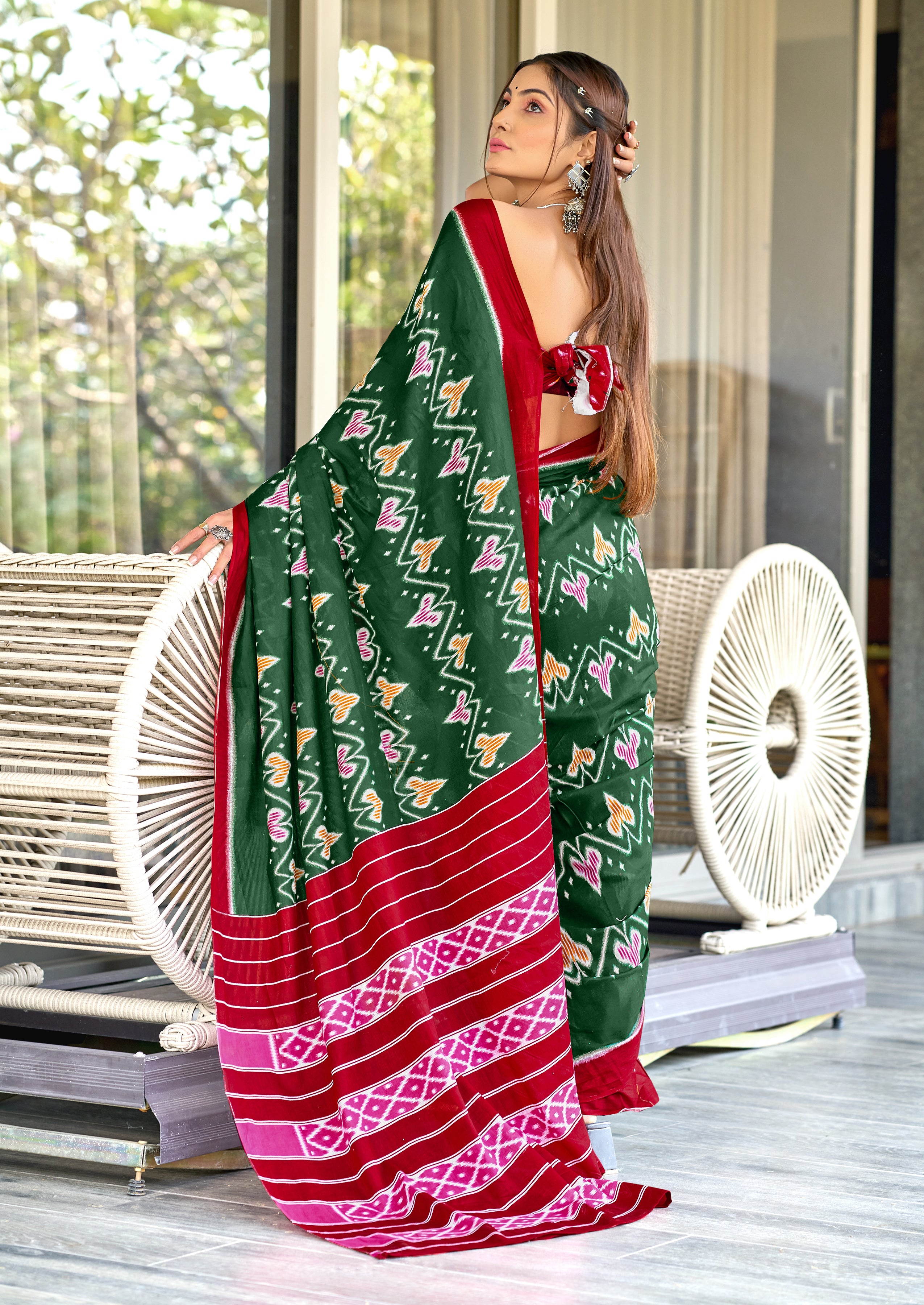 RASHMIKA PURE MULMUL COTTON IKKAT PRINTD GREEN SAREE