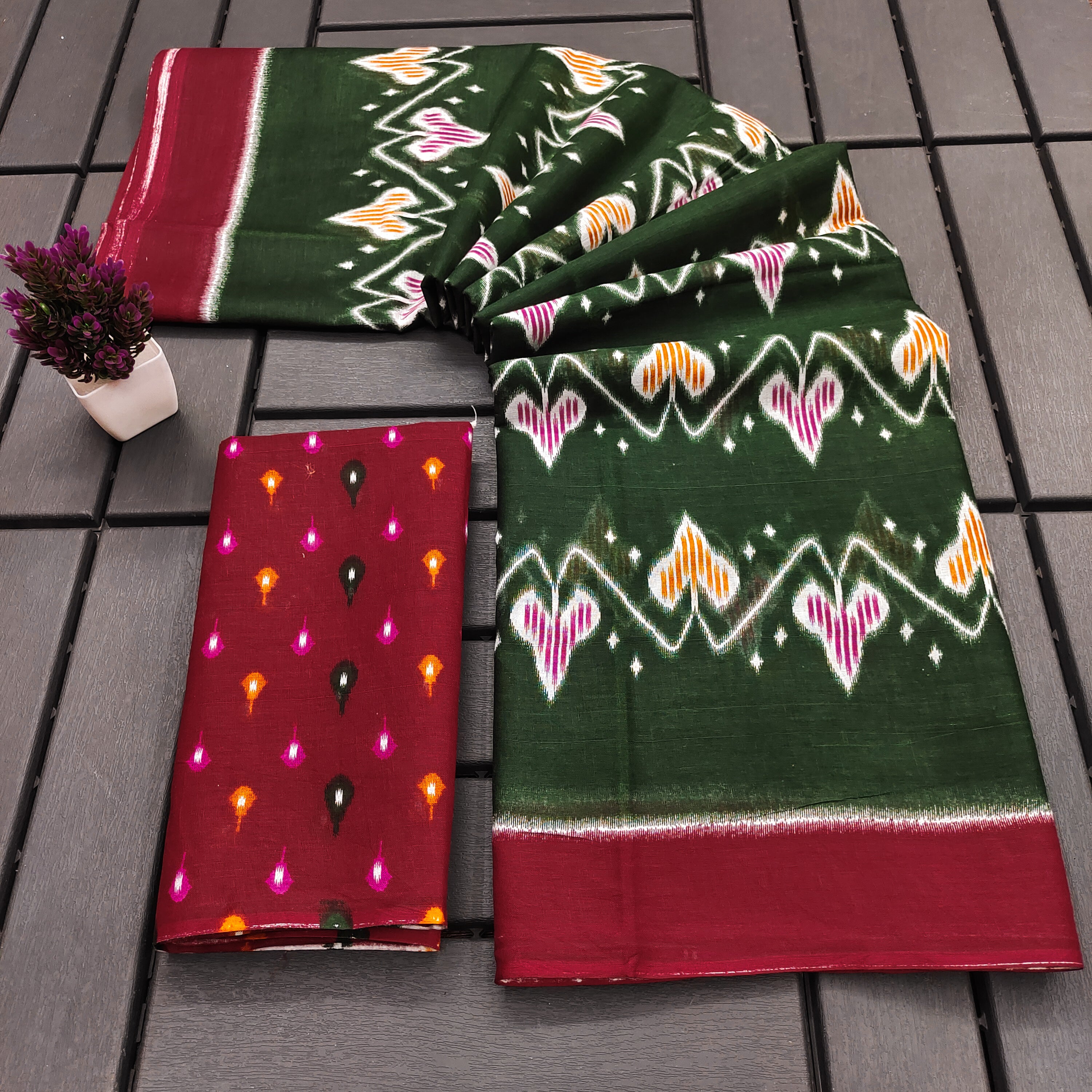 RASHMIKA PURE MULMUL COTTON IKKAT PRINTD GREEN SAREE