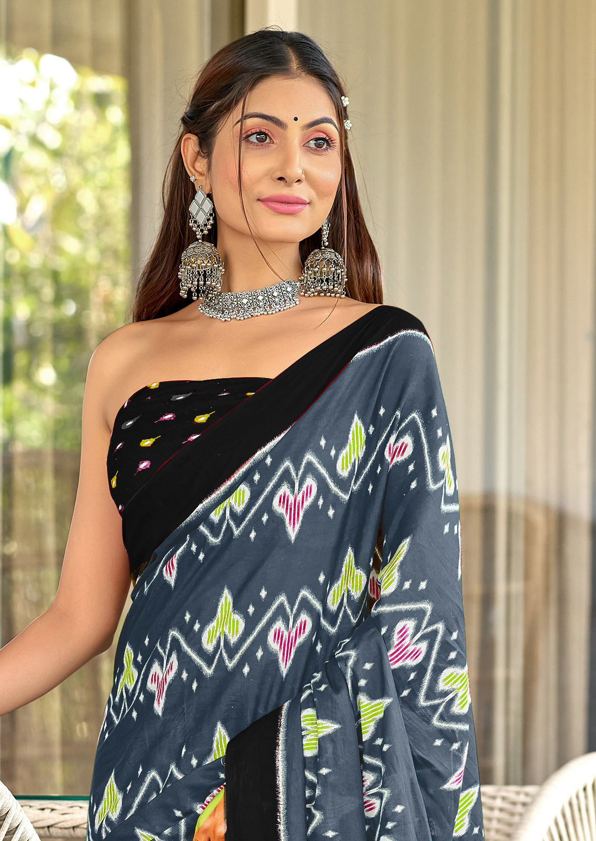 RASHMIKA PURE MULMUL COTTON IKKAT PRINTD GREY SAREE