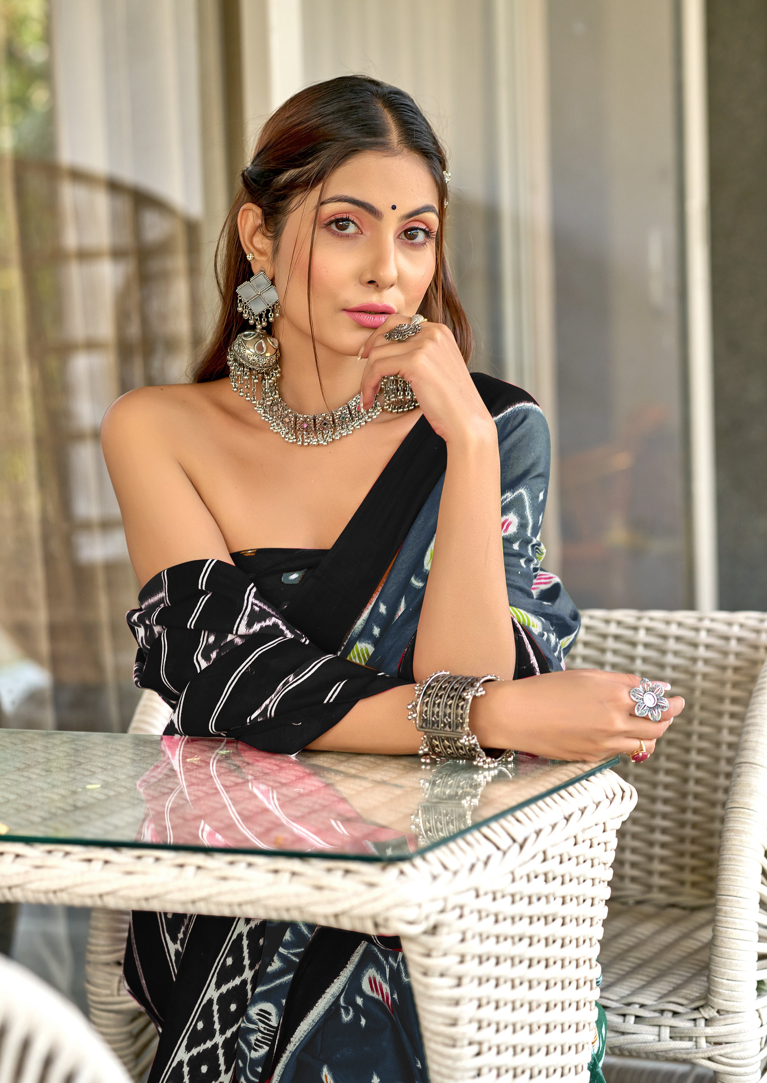 RASHMIKA PURE MULMUL COTTON IKKAT PRINTD GREY SAREE