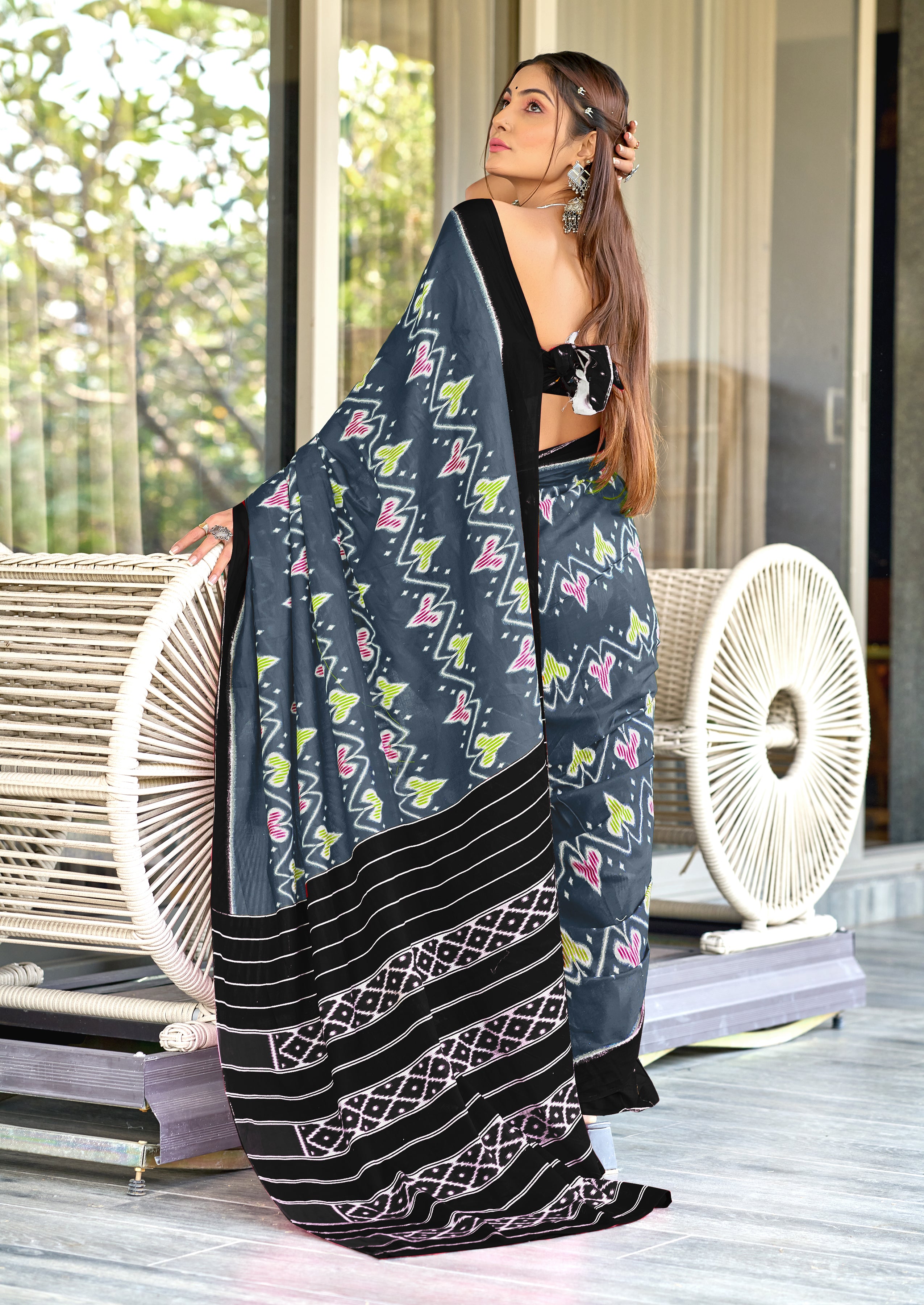 RASHMIKA PURE MULMUL COTTON IKKAT PRINTD GREY SAREE