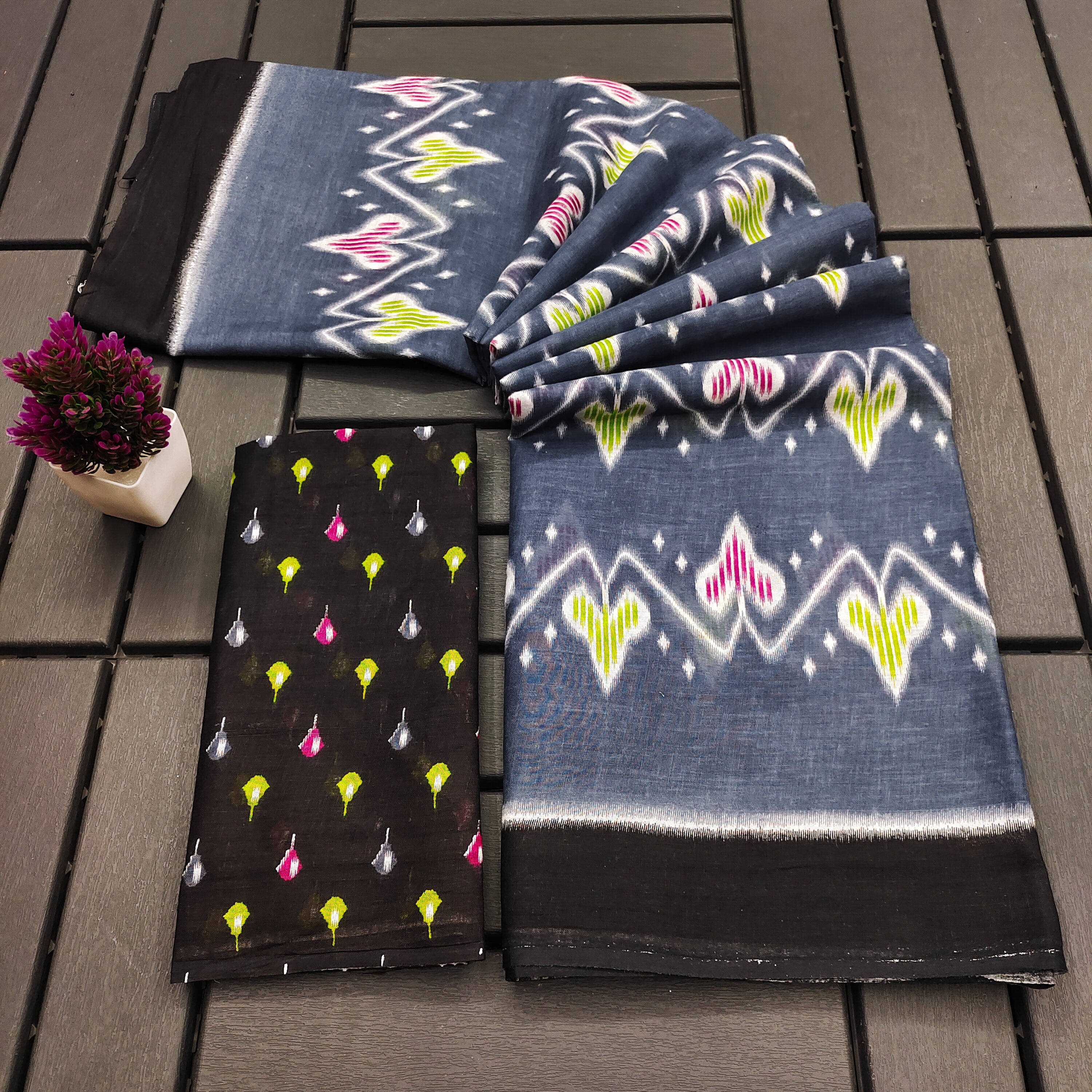 RASHMIKA PURE MULMUL COTTON IKKAT PRINTD GREY SAREE