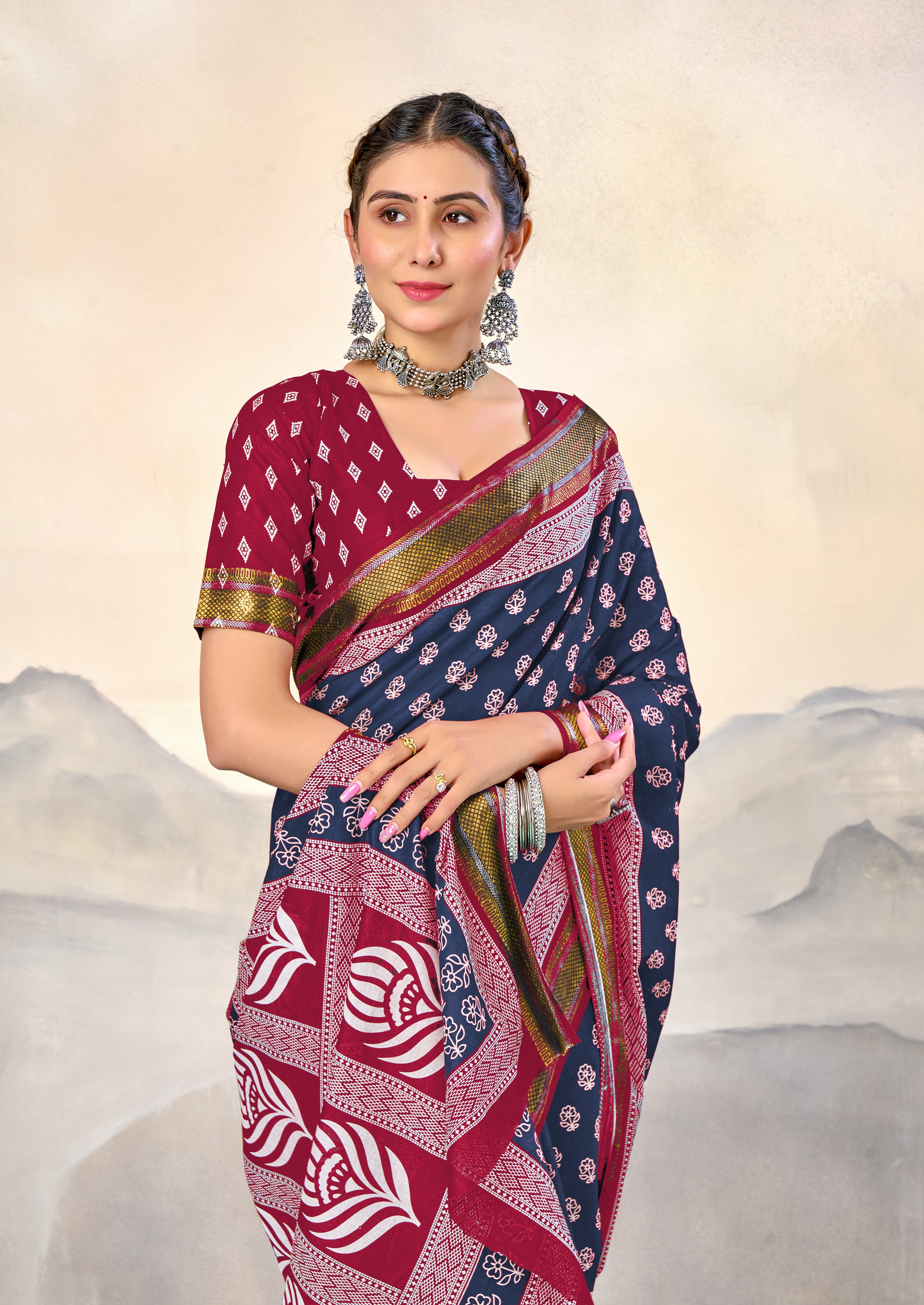 RASHMI PURE MULMUL HAND BLOCK PRINT WITH HEVAY ZARI BODAR BLUE AND PINK SAREE